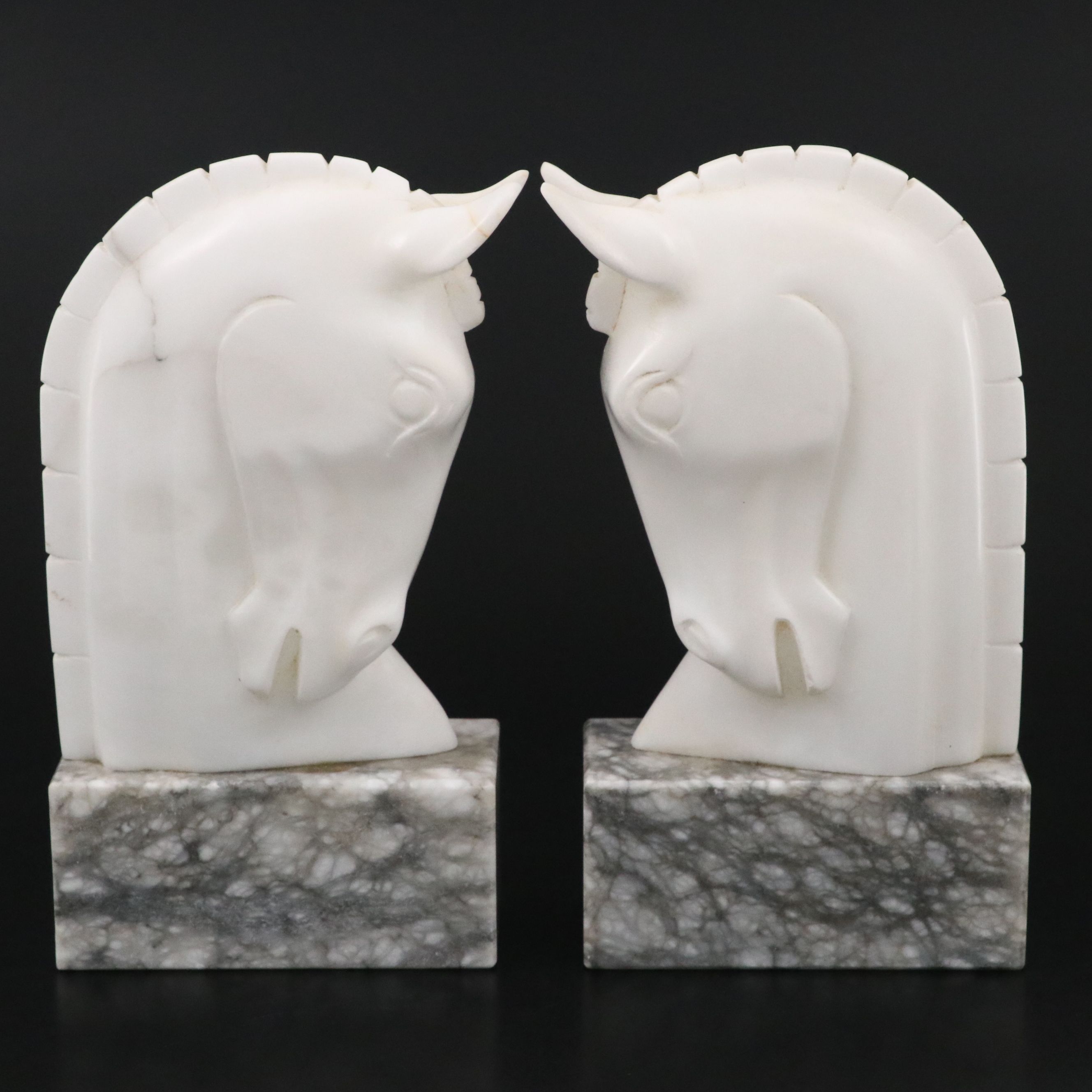 Art Deco Style Carved Stone Horse Head Bookends on Marble Bases