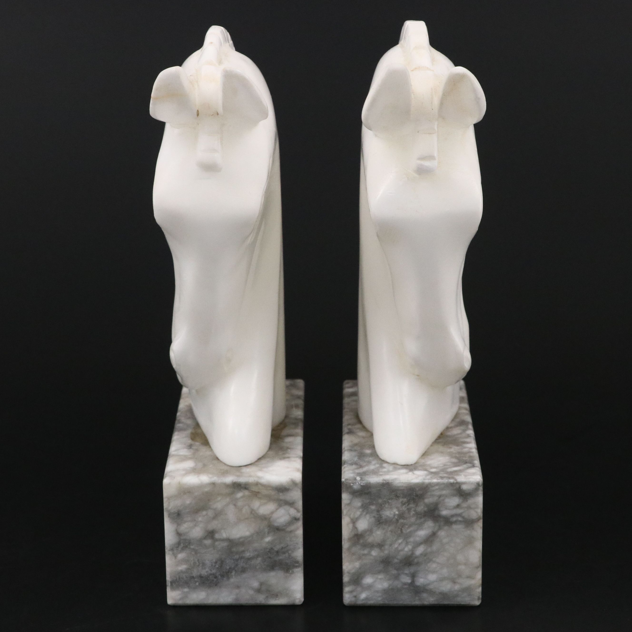 Art Deco Style Carved Stone Horse Head Bookends on Marble Bases