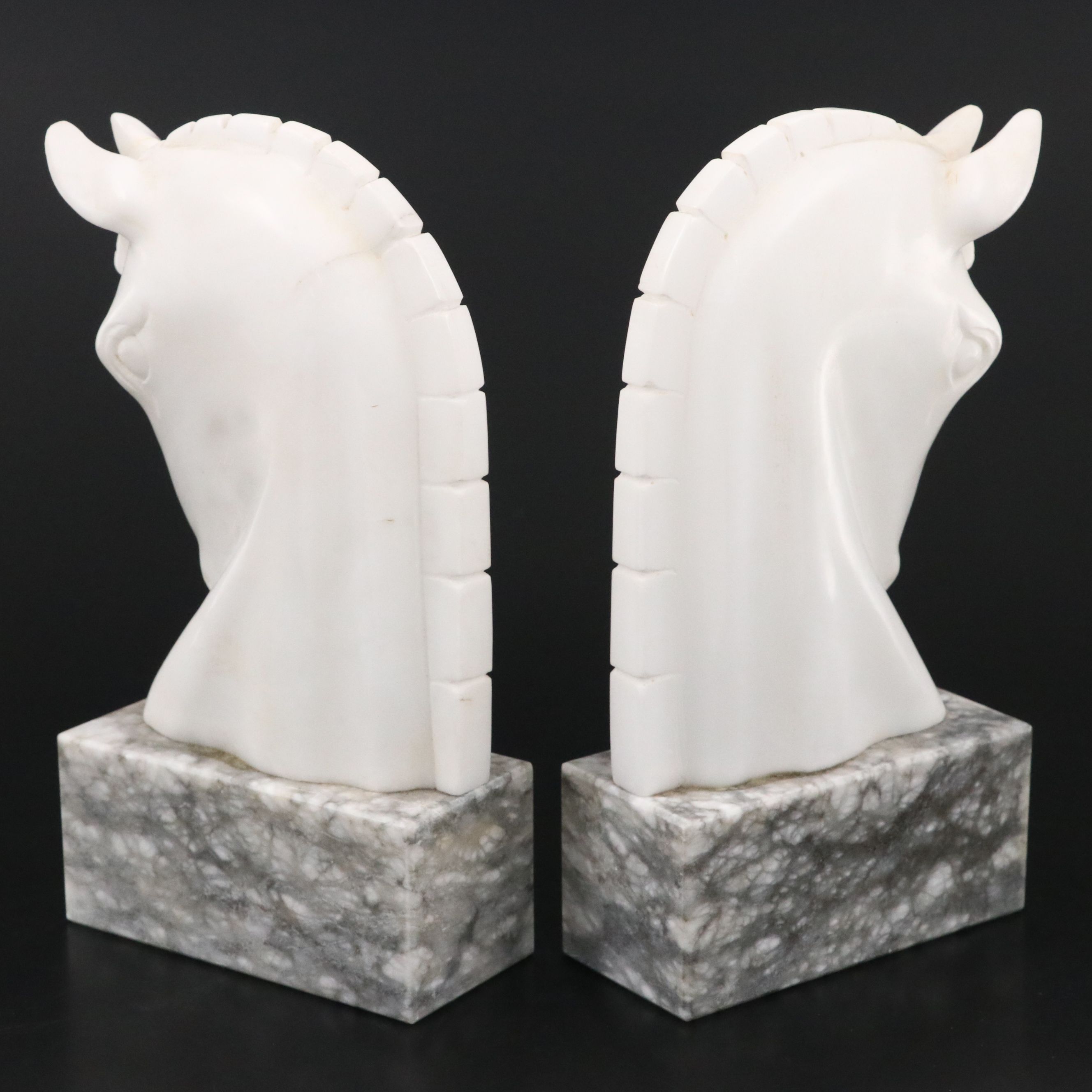 Art Deco Style Carved Stone Horse Head Bookends on Marble Bases