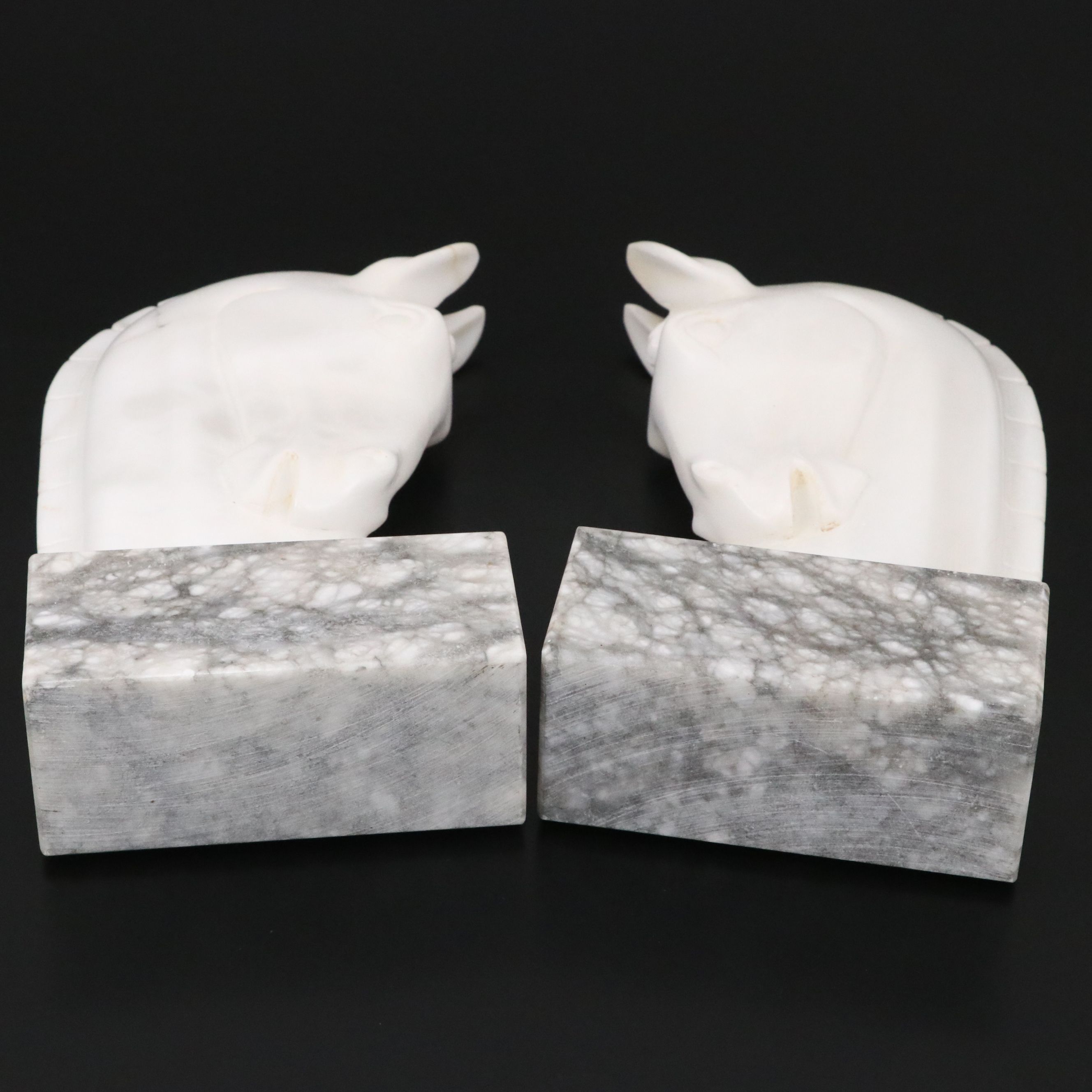 Art Deco Style Carved Stone Horse Head Bookends on Marble Bases