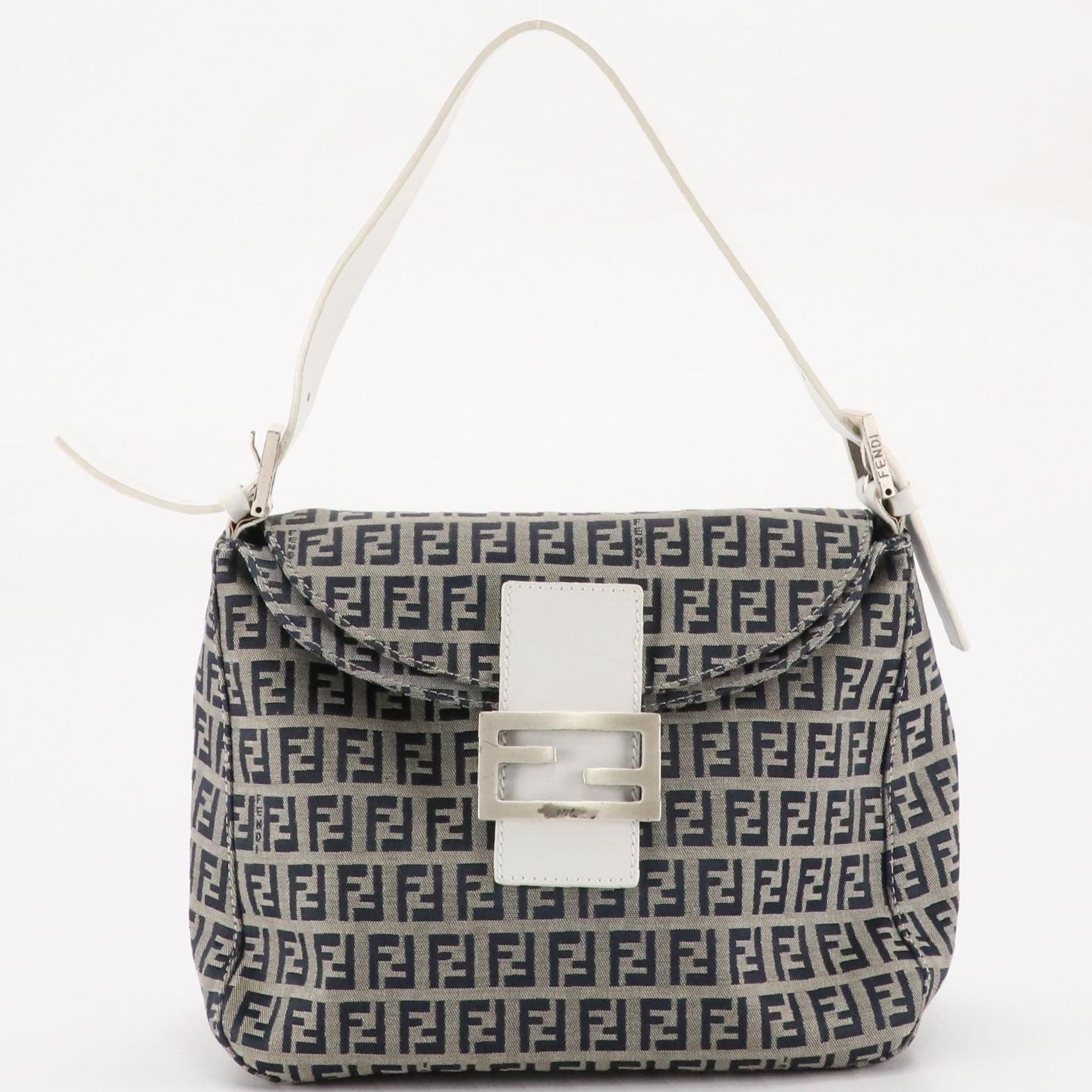 Fendi Navy Zucchino Jacquard and White Leather Shoulder Bag