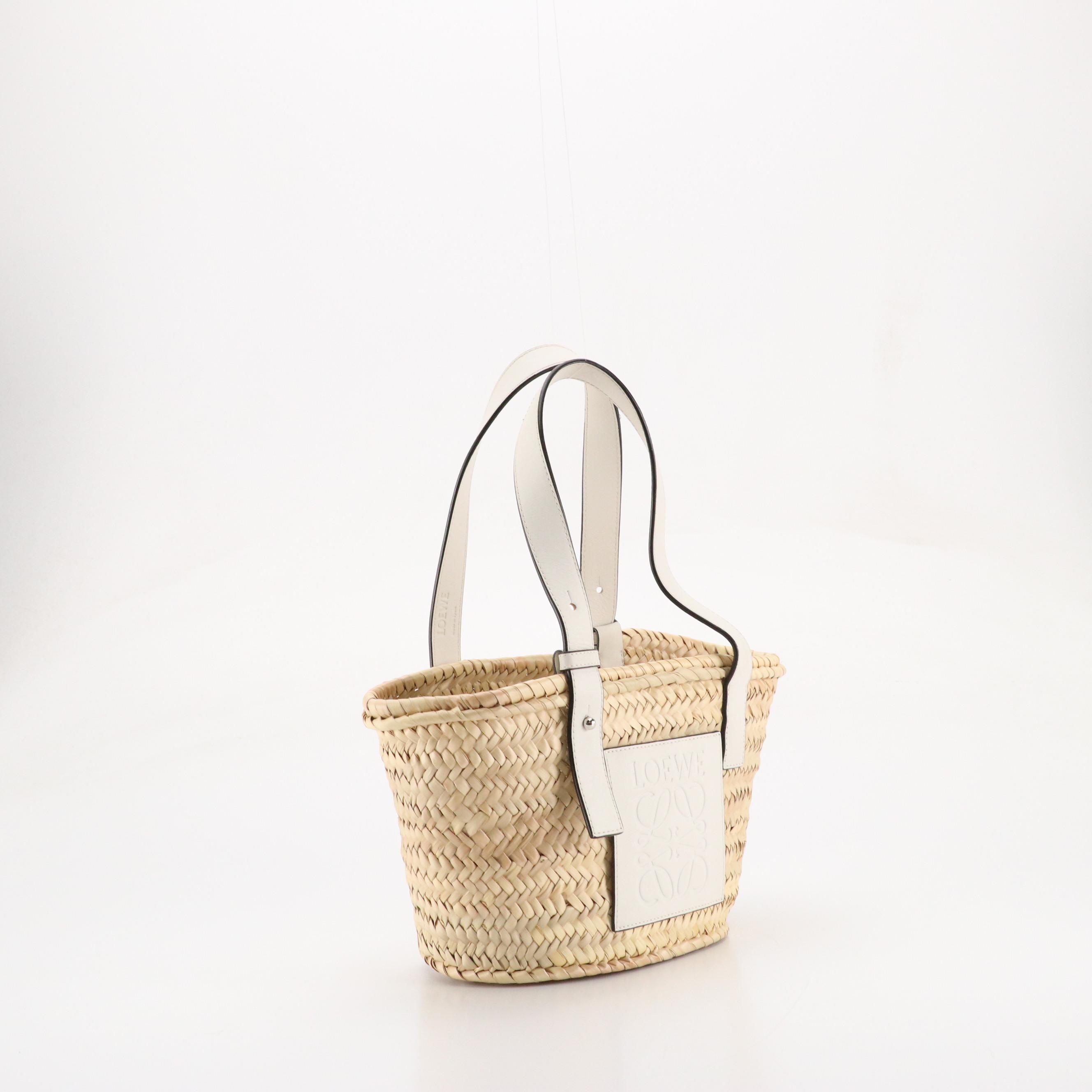 Loewe Anagram Basket Bag in Woven Palm Leaf and White Leather Trim