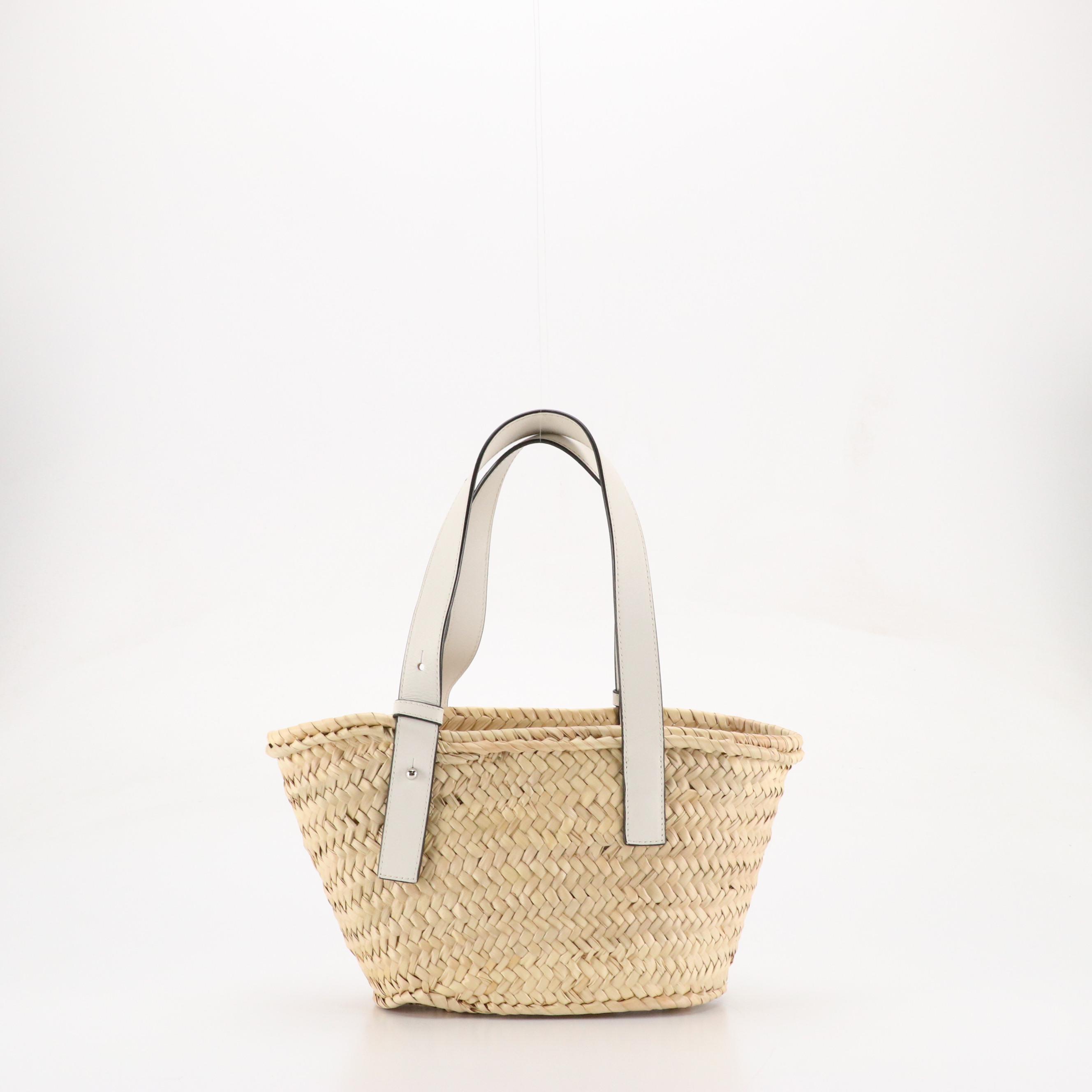 Loewe Anagram Basket Bag in Woven Palm Leaf and White Leather Trim