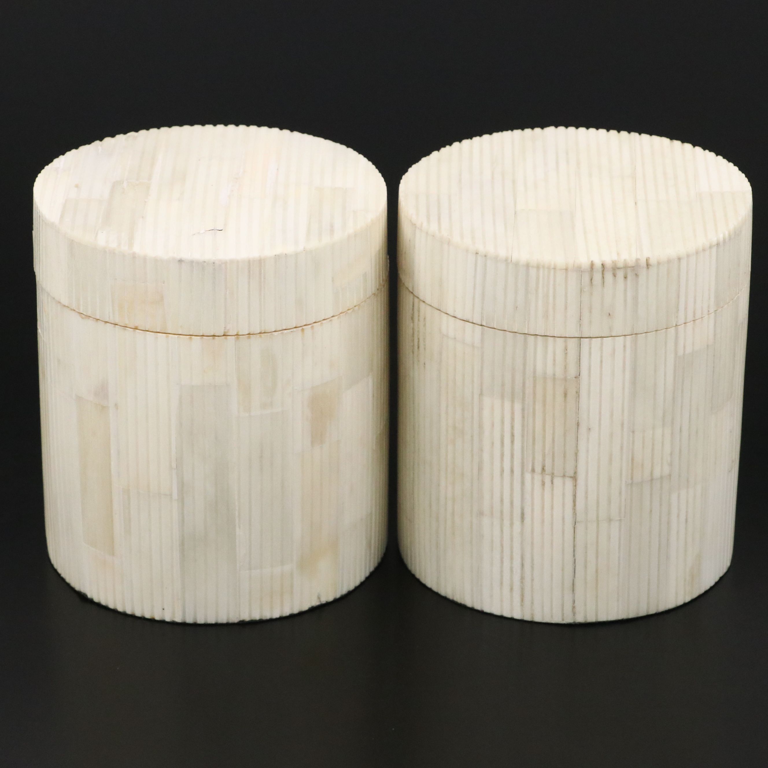 Pair of Ribbed Tessellated Round Bone Boxes