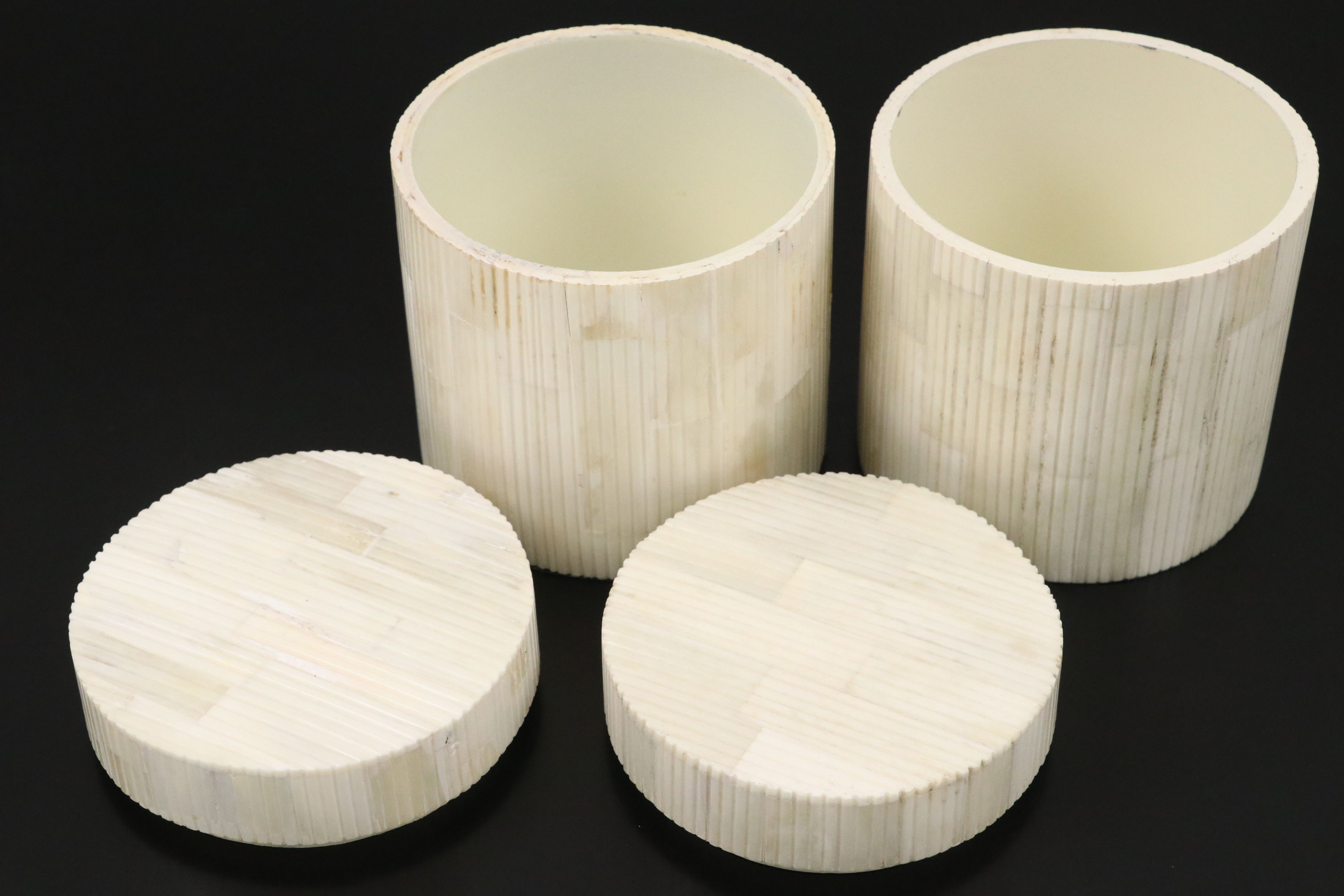 Pair of Ribbed Tessellated Round Bone Boxes