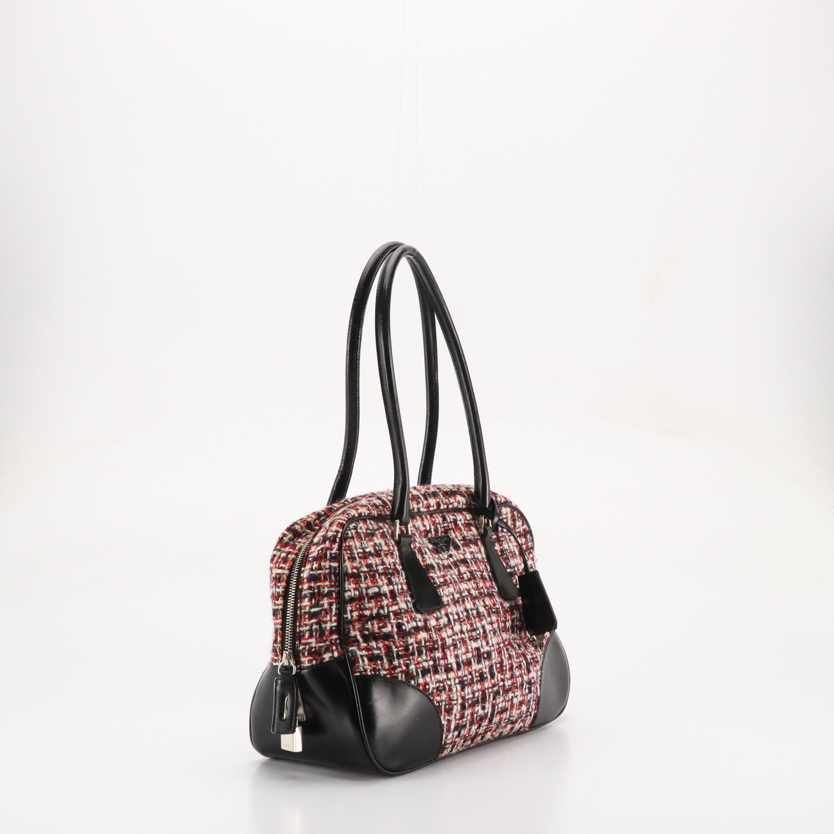 Prada Multicolored Wool Tweed and Black Leather Trimmed Boston Bag