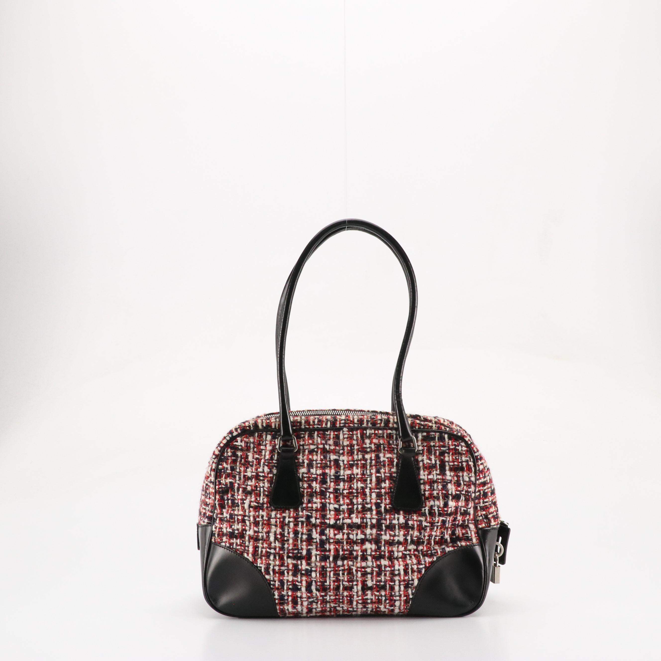 Prada Multicolored Wool Tweed and Black Leather Trimmed Boston Bag