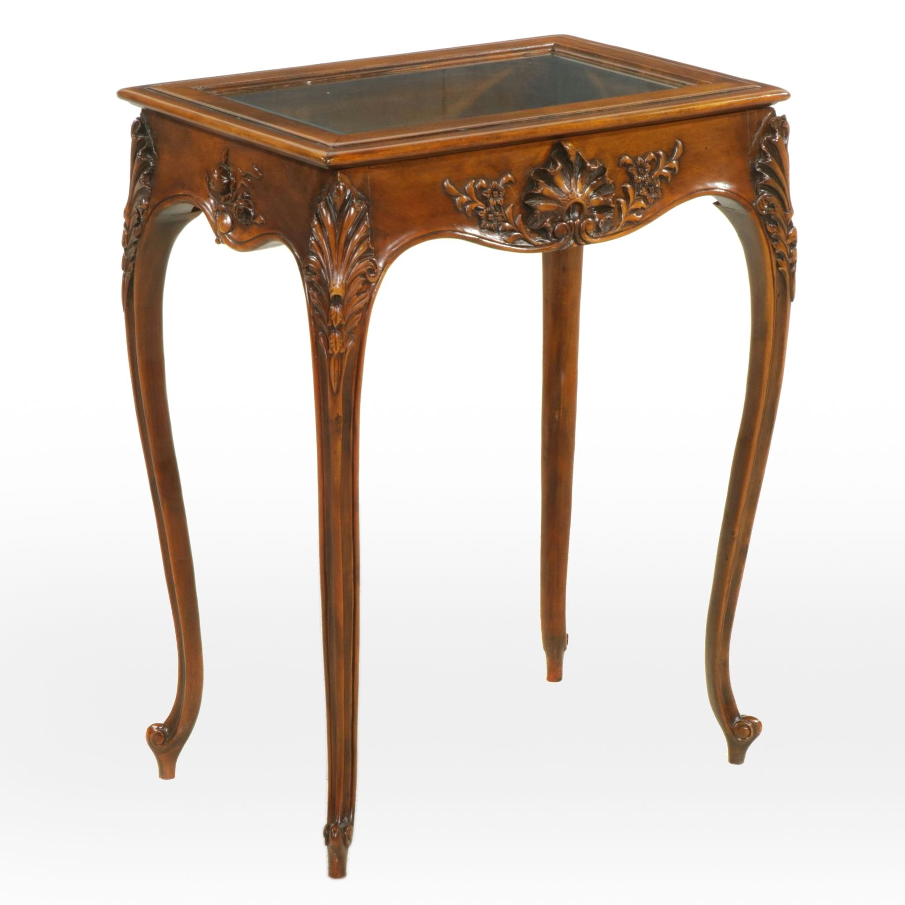 Theodore Alexander Louis XV Style Carved Fruitwood Glass Top Vitrine Table