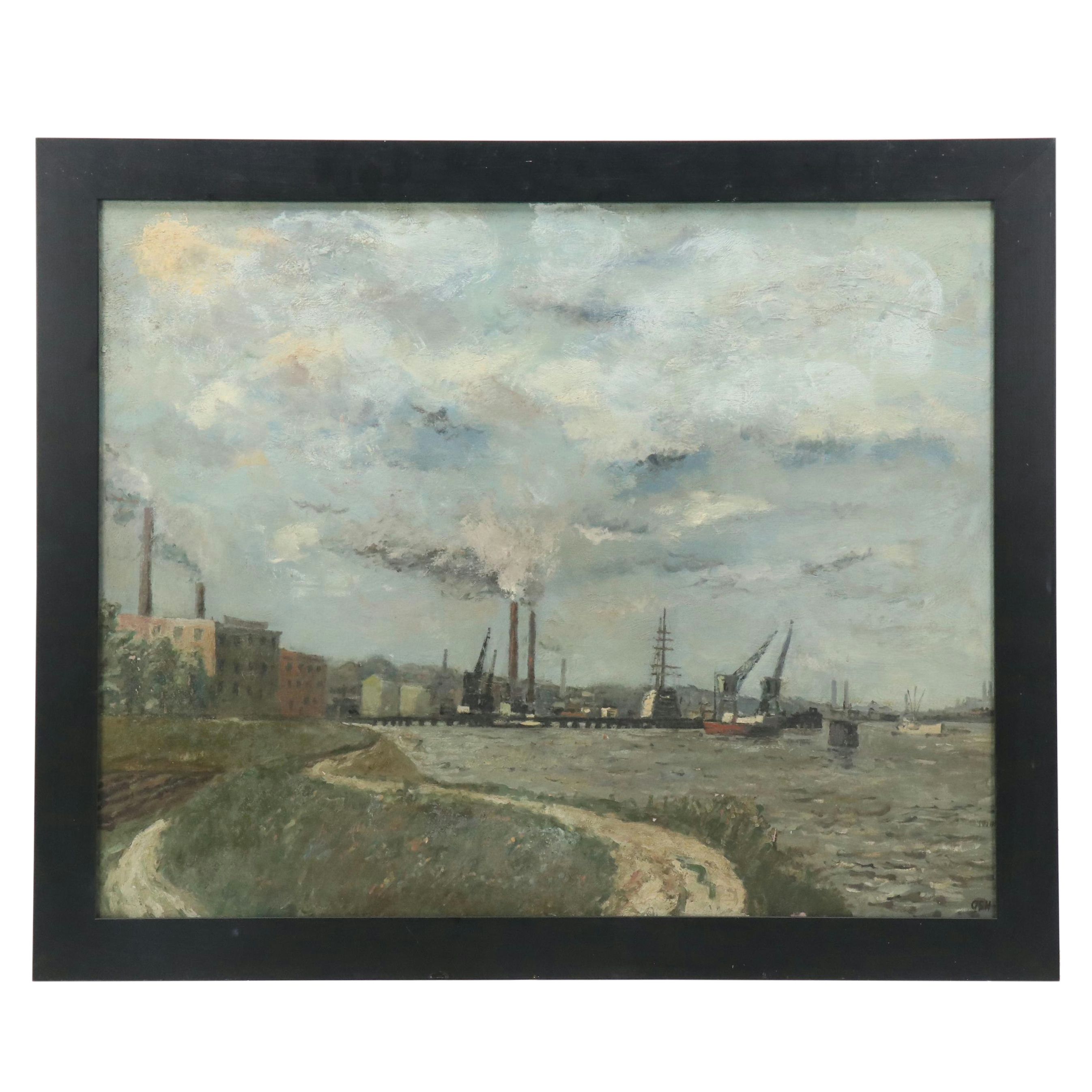John Ash Oil Painting of Wharf, Late 20th Century