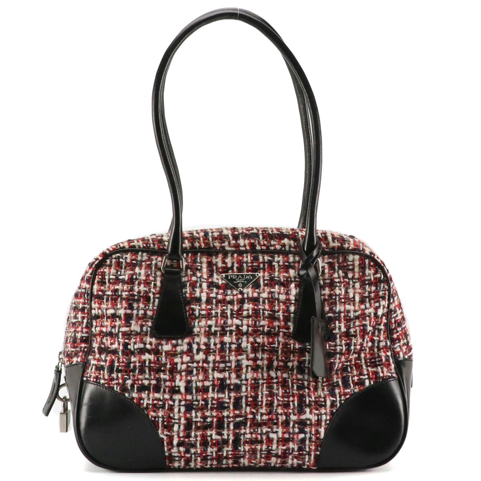 Prada Multicolored Wool Tweed and Black Leather Trimmed Boston Bag
