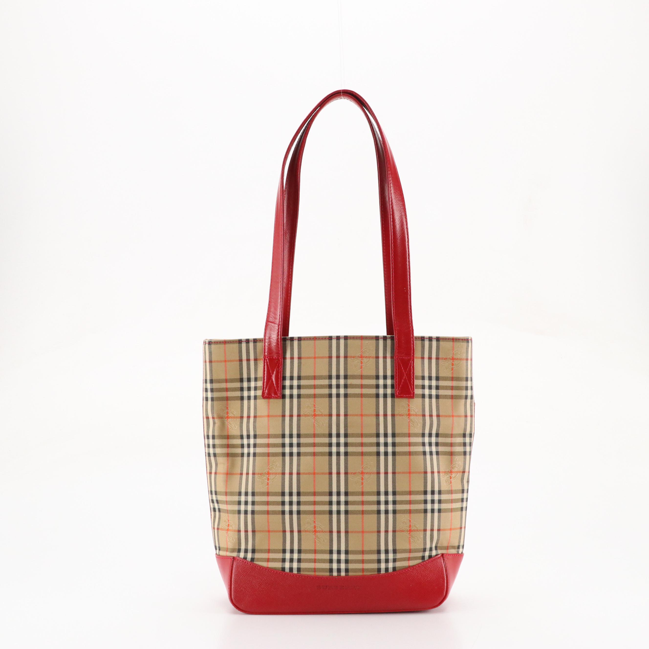 Burberry Shoulder Tote in Haymarket Check and Red Saffiano Leather