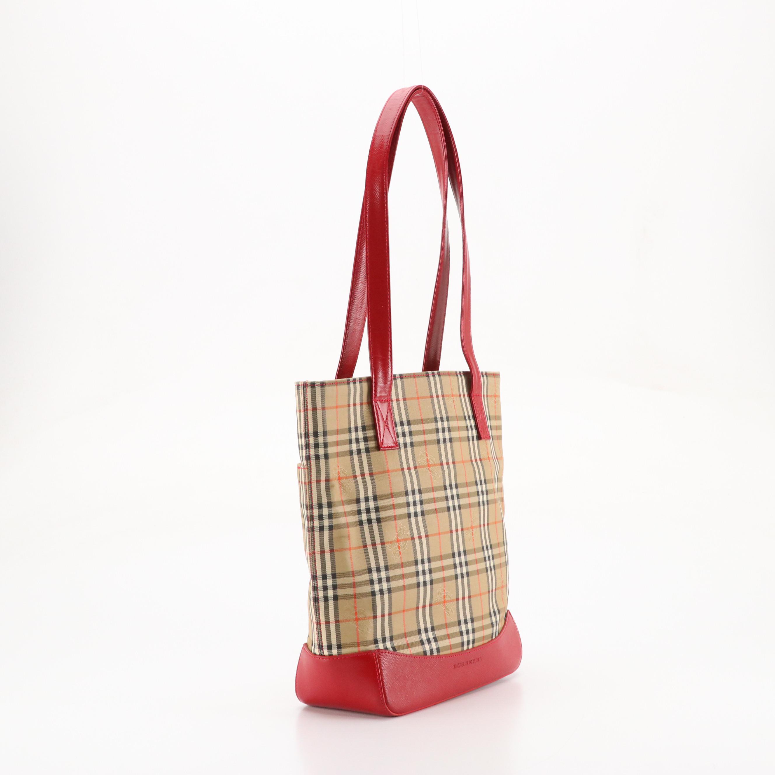 Burberry Shoulder Tote in Haymarket Check and Red Saffiano Leather