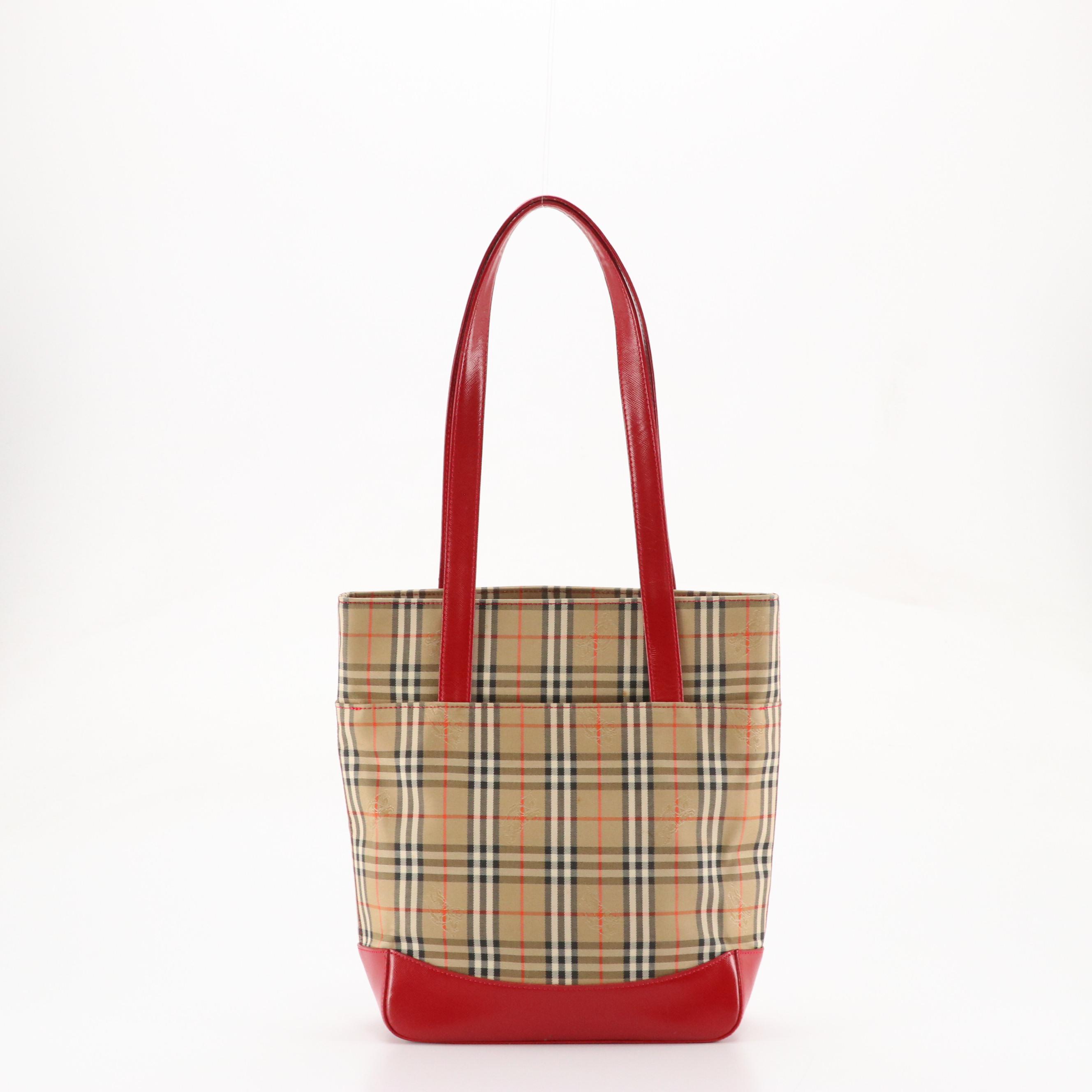 Burberry Shoulder Tote in Haymarket Check and Red Saffiano Leather