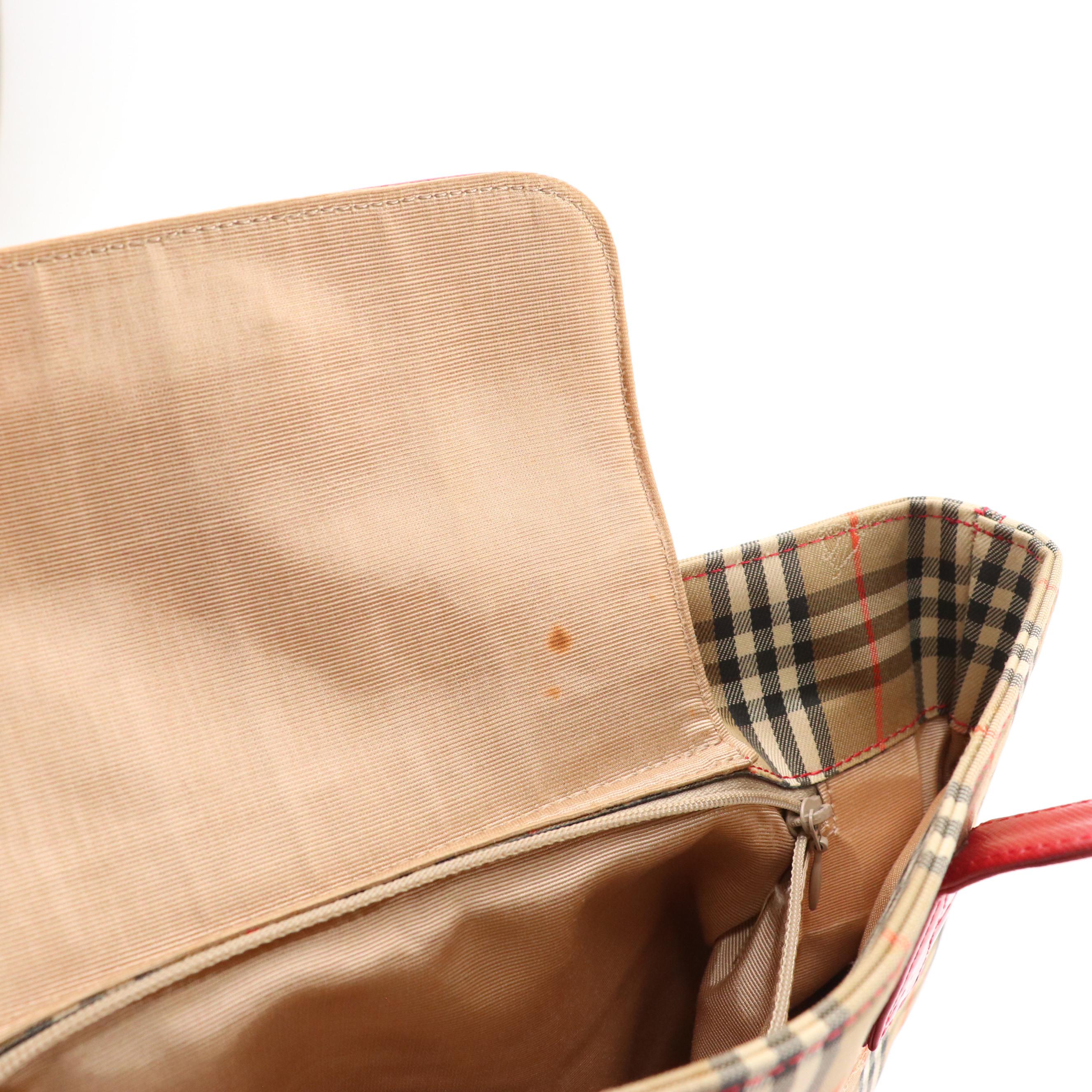 Burberry Shoulder Tote in Haymarket Check and Red Saffiano Leather