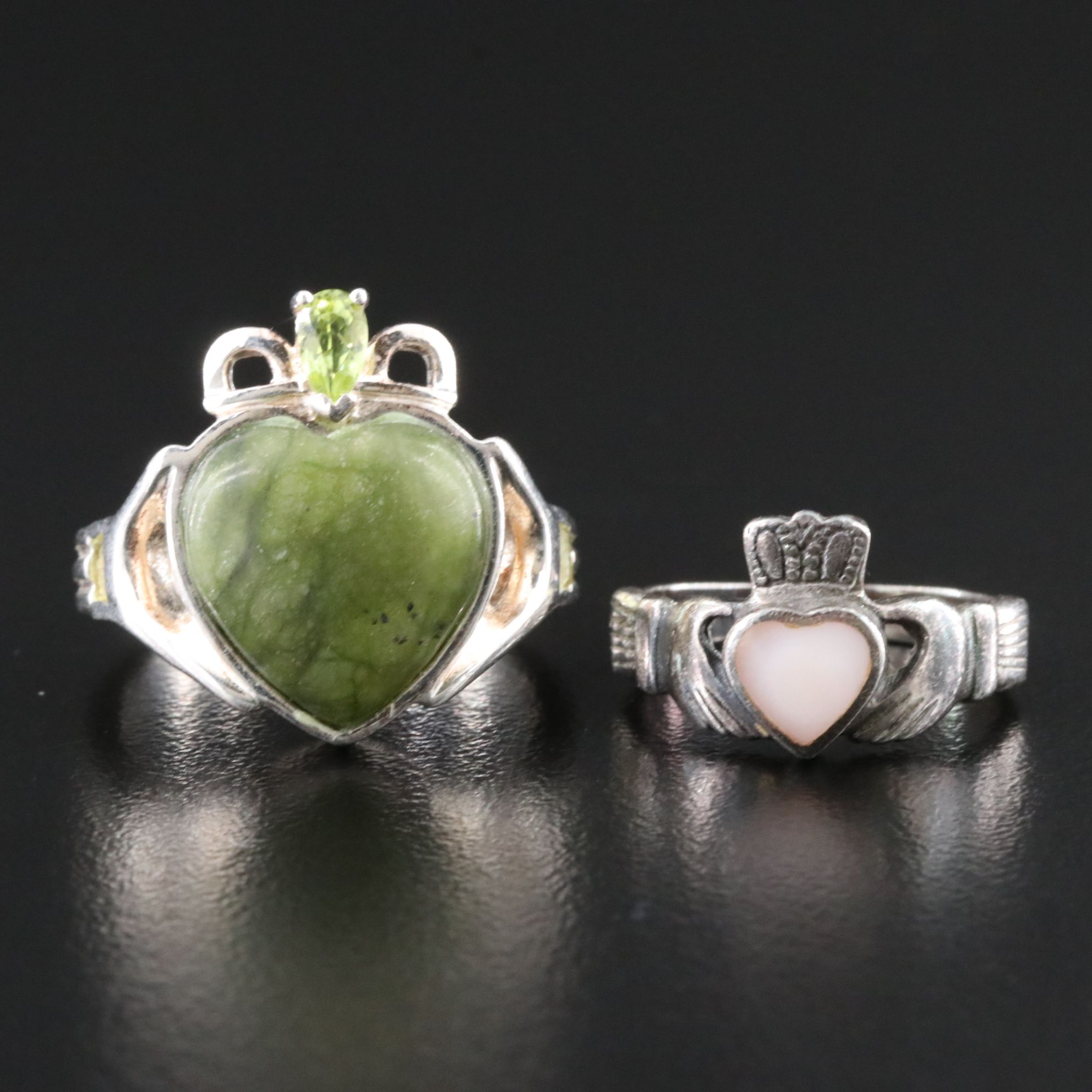 Sterling Connemara Marble, Peridot and Mother-of-Pearl Claddagh Rings