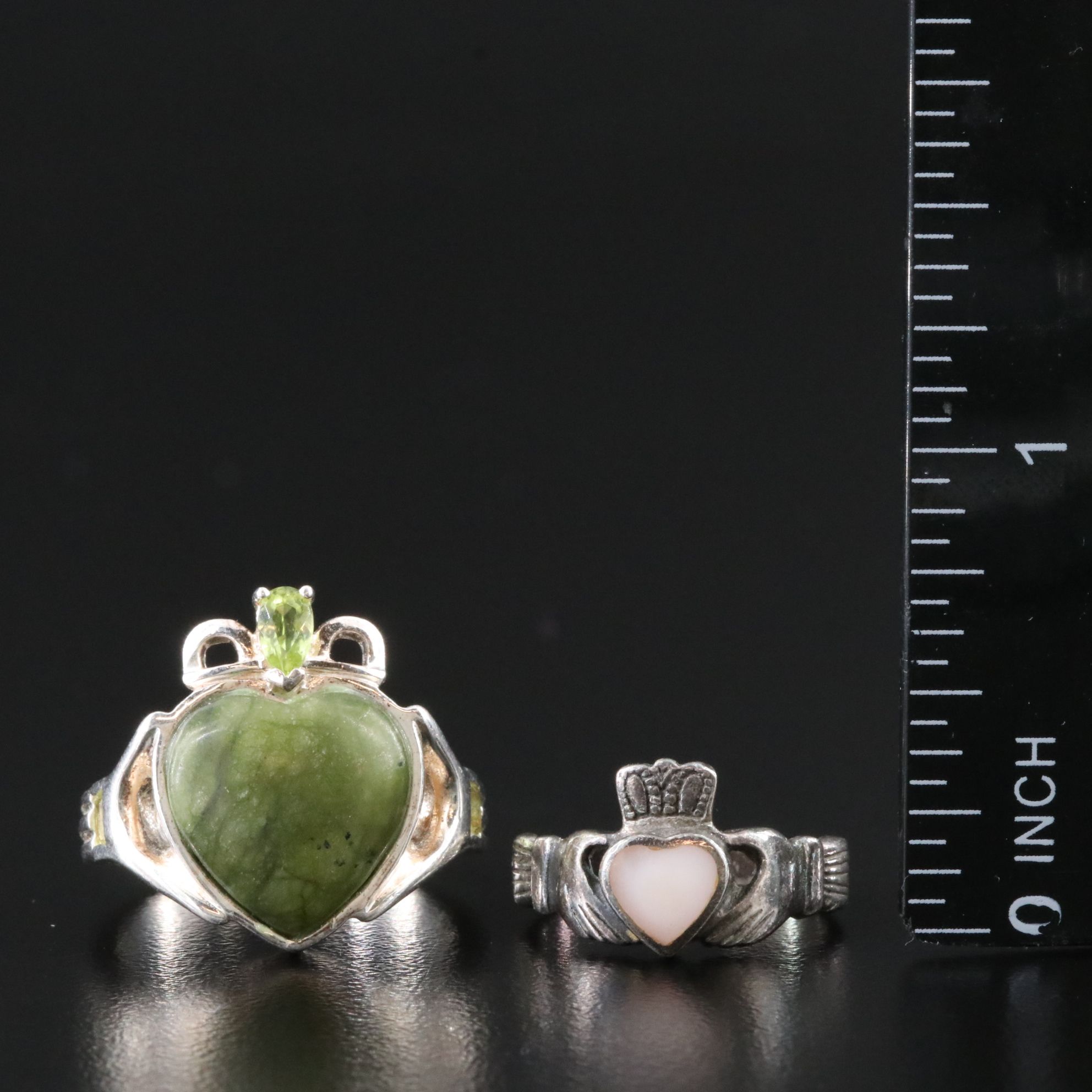 Sterling Connemara Marble, Peridot and Mother-of-Pearl Claddagh Rings