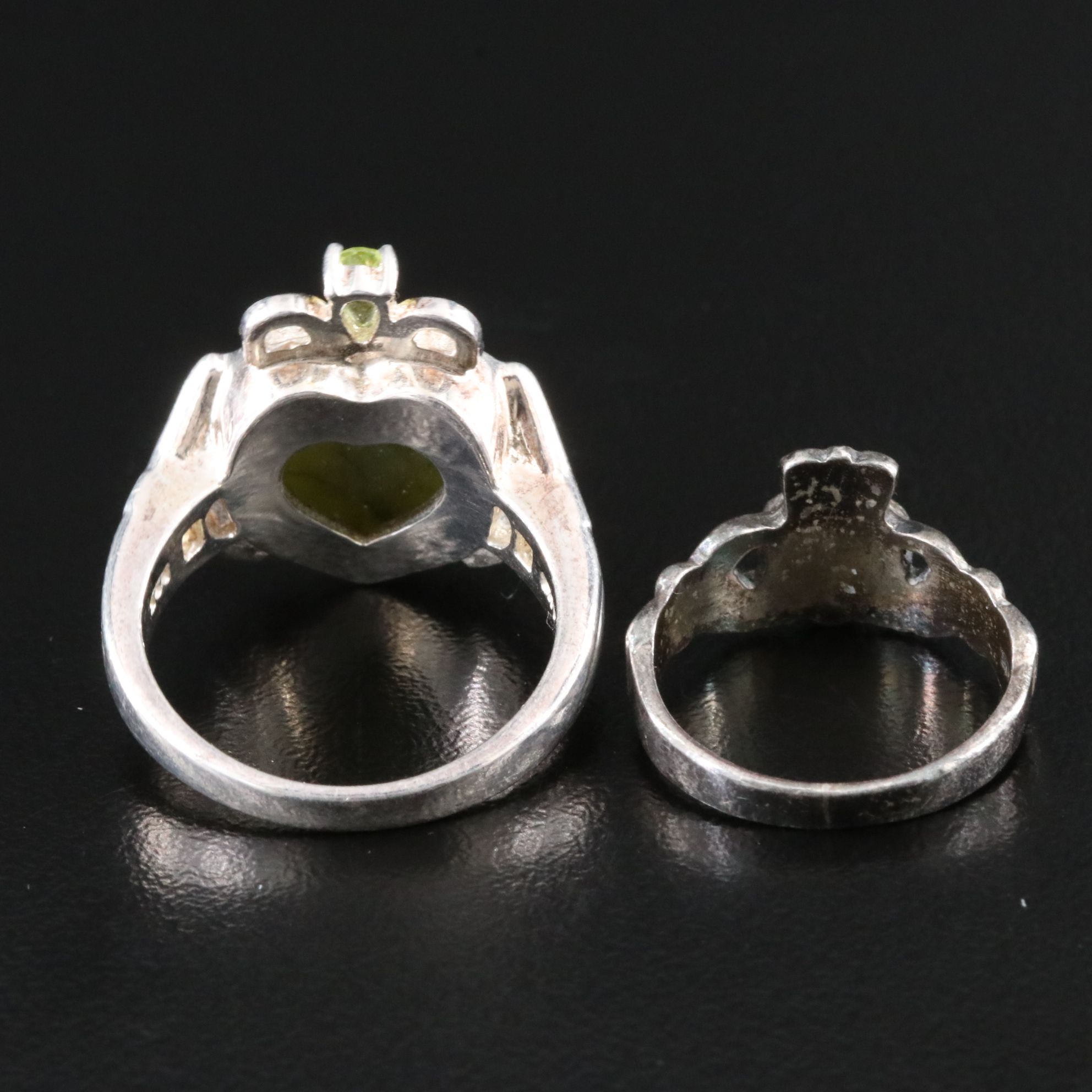 Sterling Connemara Marble, Peridot and Mother-of-Pearl Claddagh Rings