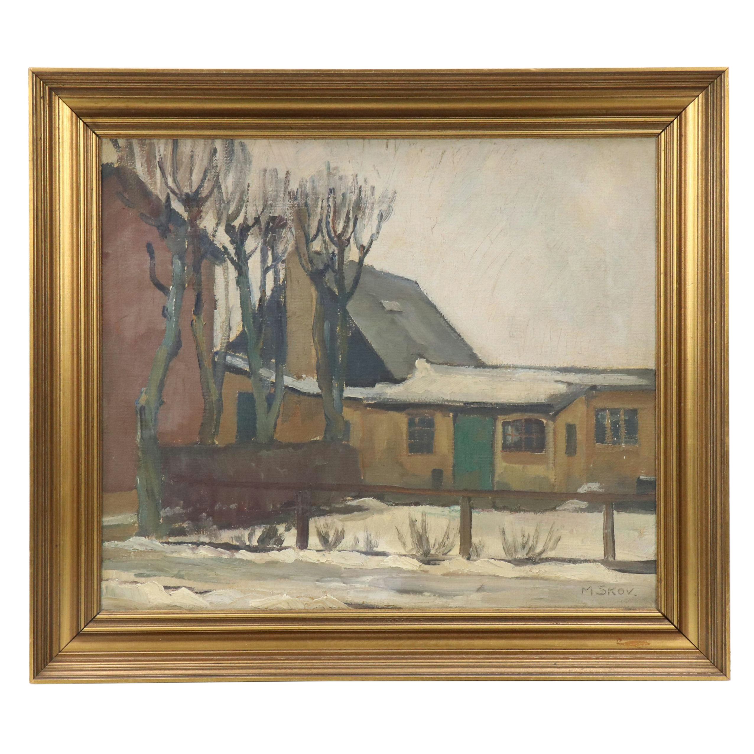 Marius Skov Oil Painting of House in Winter, Mid 20th Century