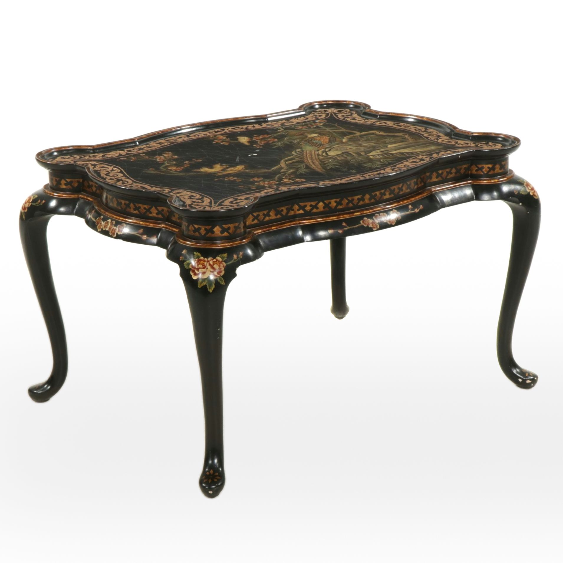 Chinese Black Lacquer Cocktail Table with Carved and Painted Decoration