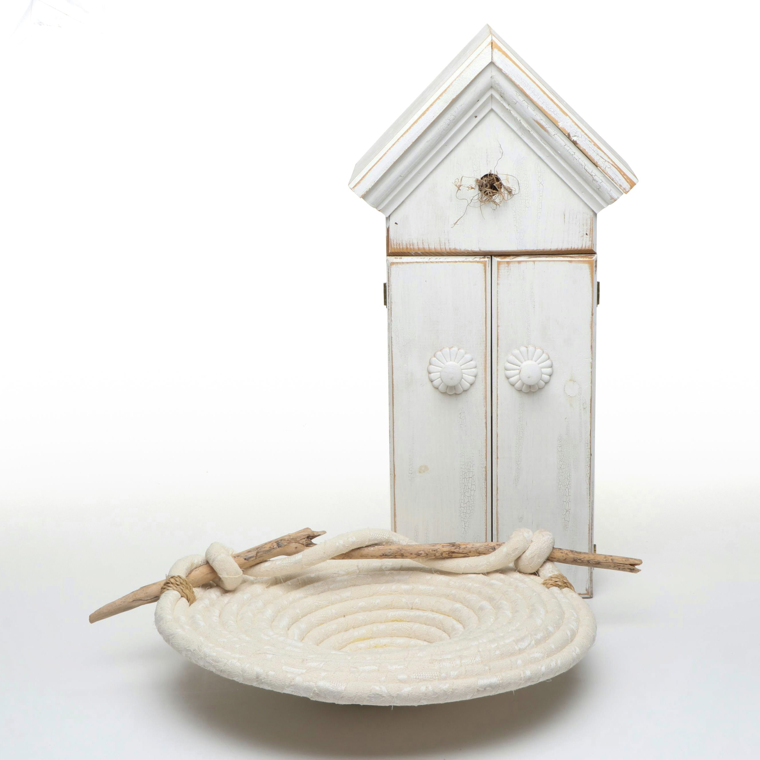 Woven Basket with Wooden Birdhouse Style Cabinet