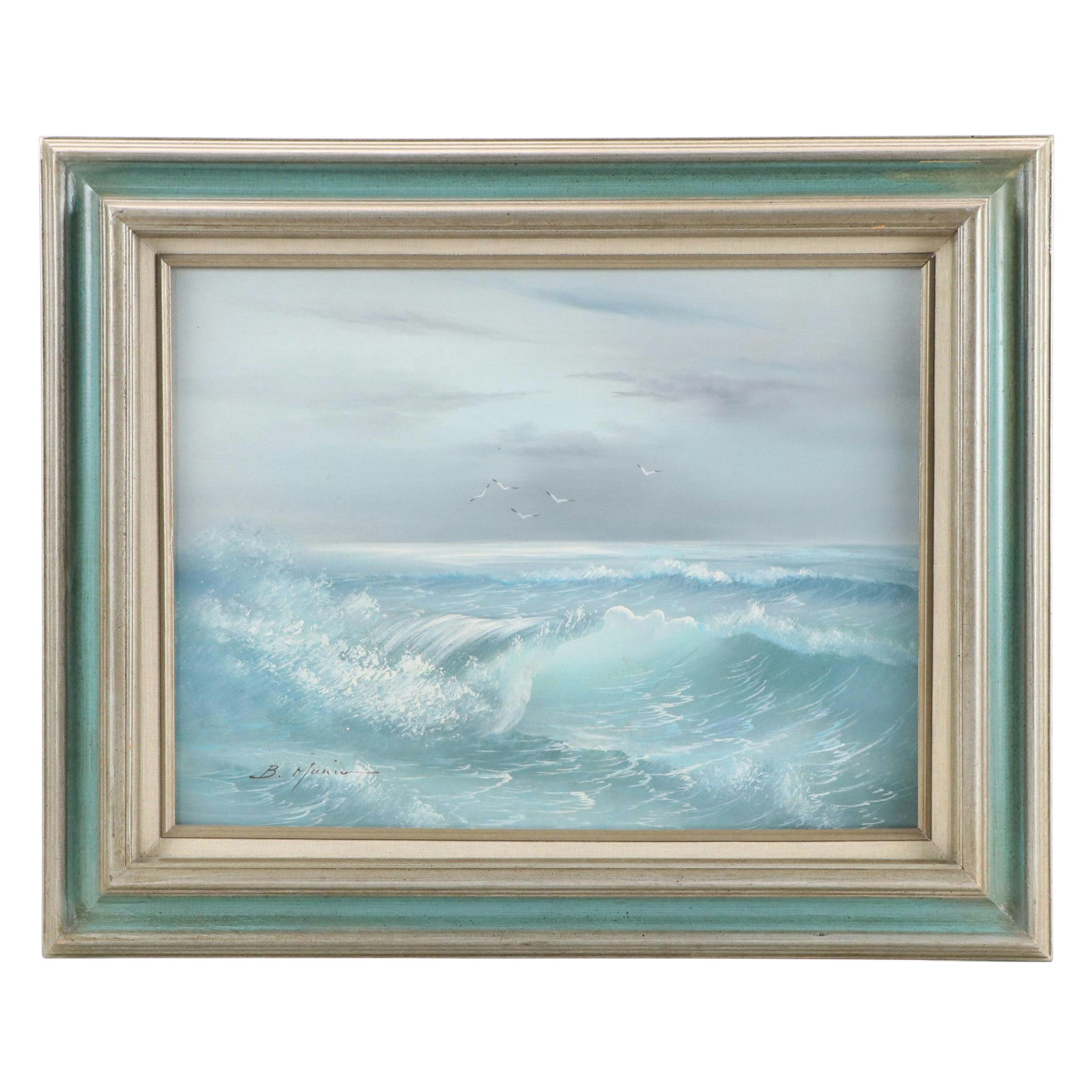 B. Munier Seascape Oil Painting with Flock of Gulls, 1987