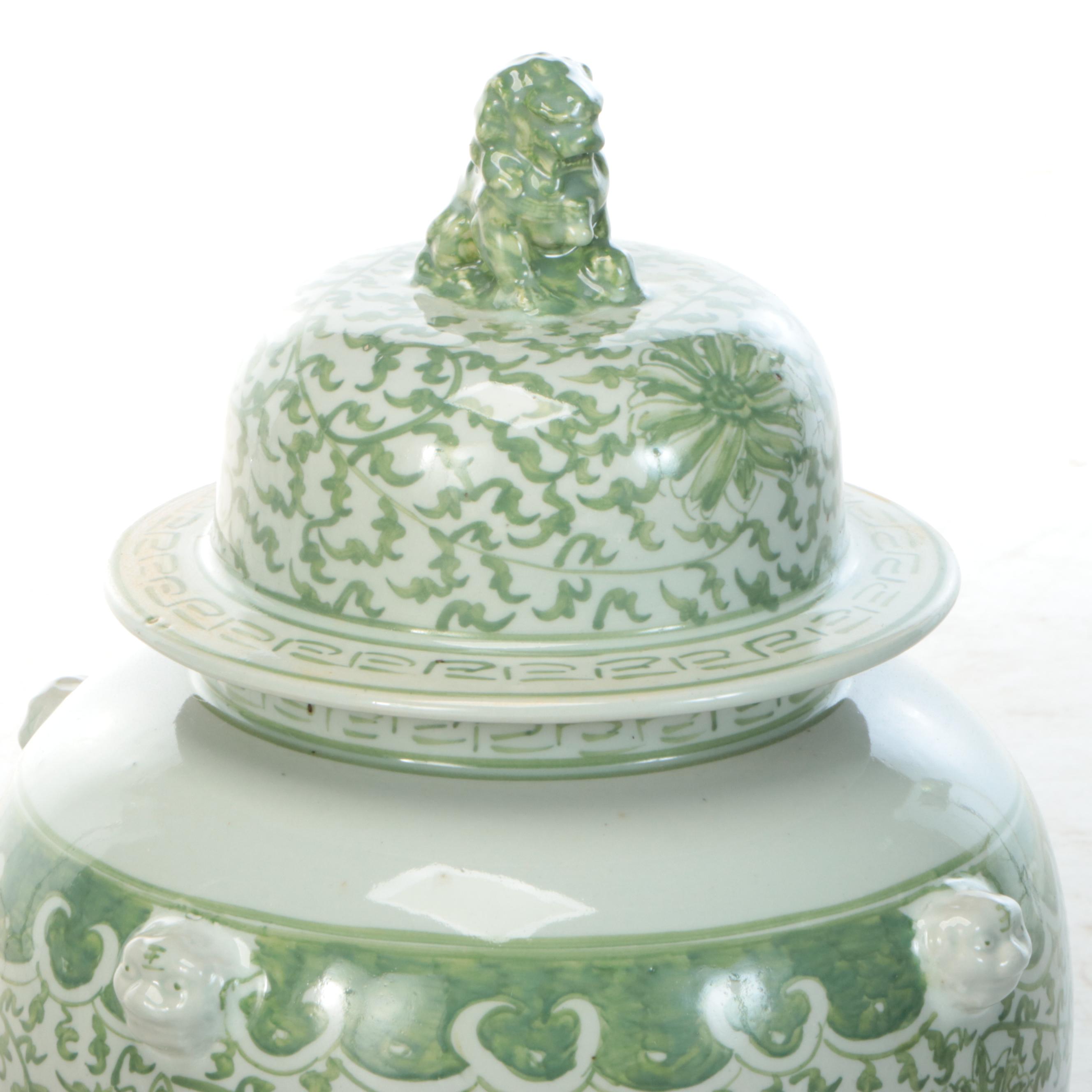 Chinese Porcelain Green Glazed Lotus and Vine Pattern Temple Jar