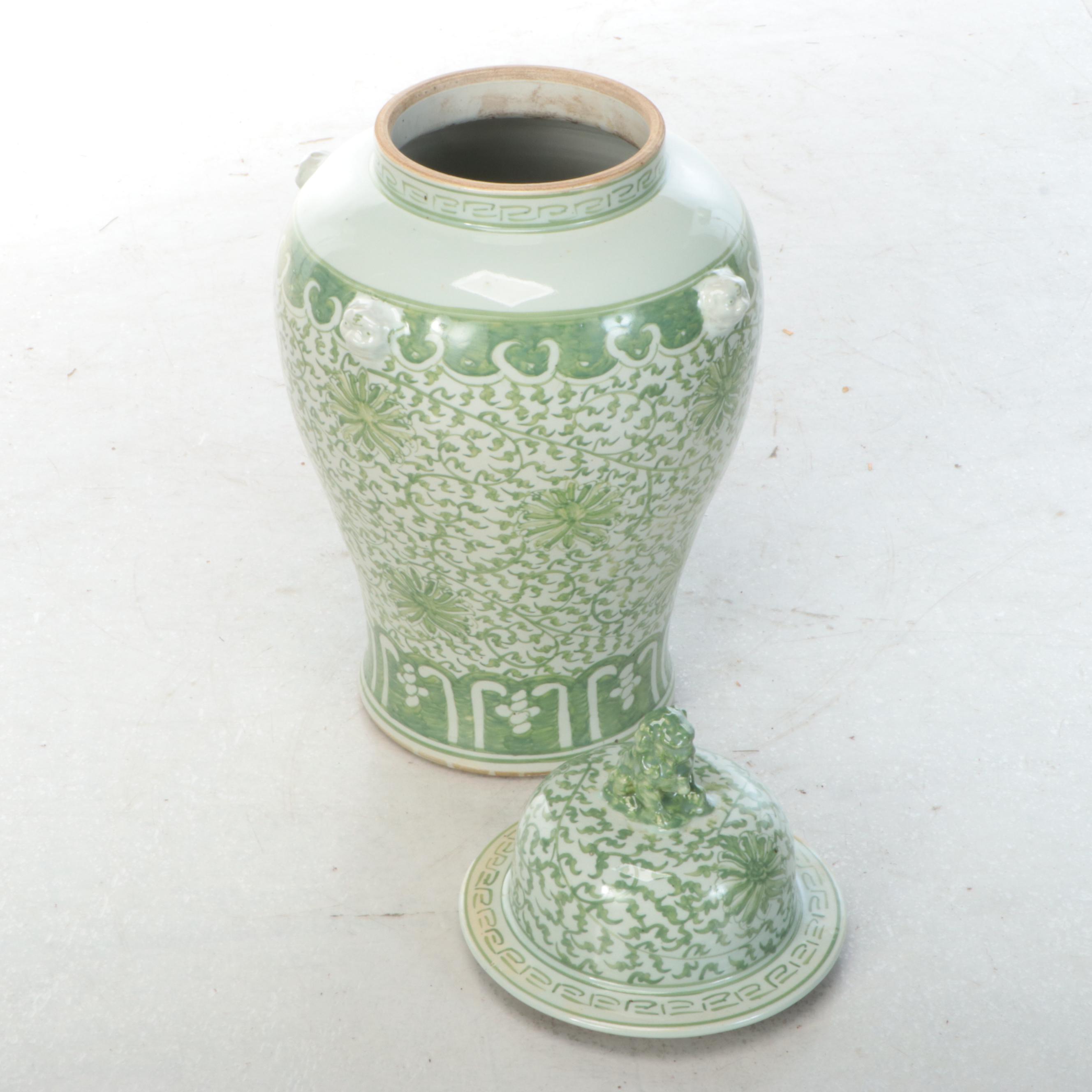 Chinese Porcelain Green Glazed Lotus and Vine Pattern Temple Jar