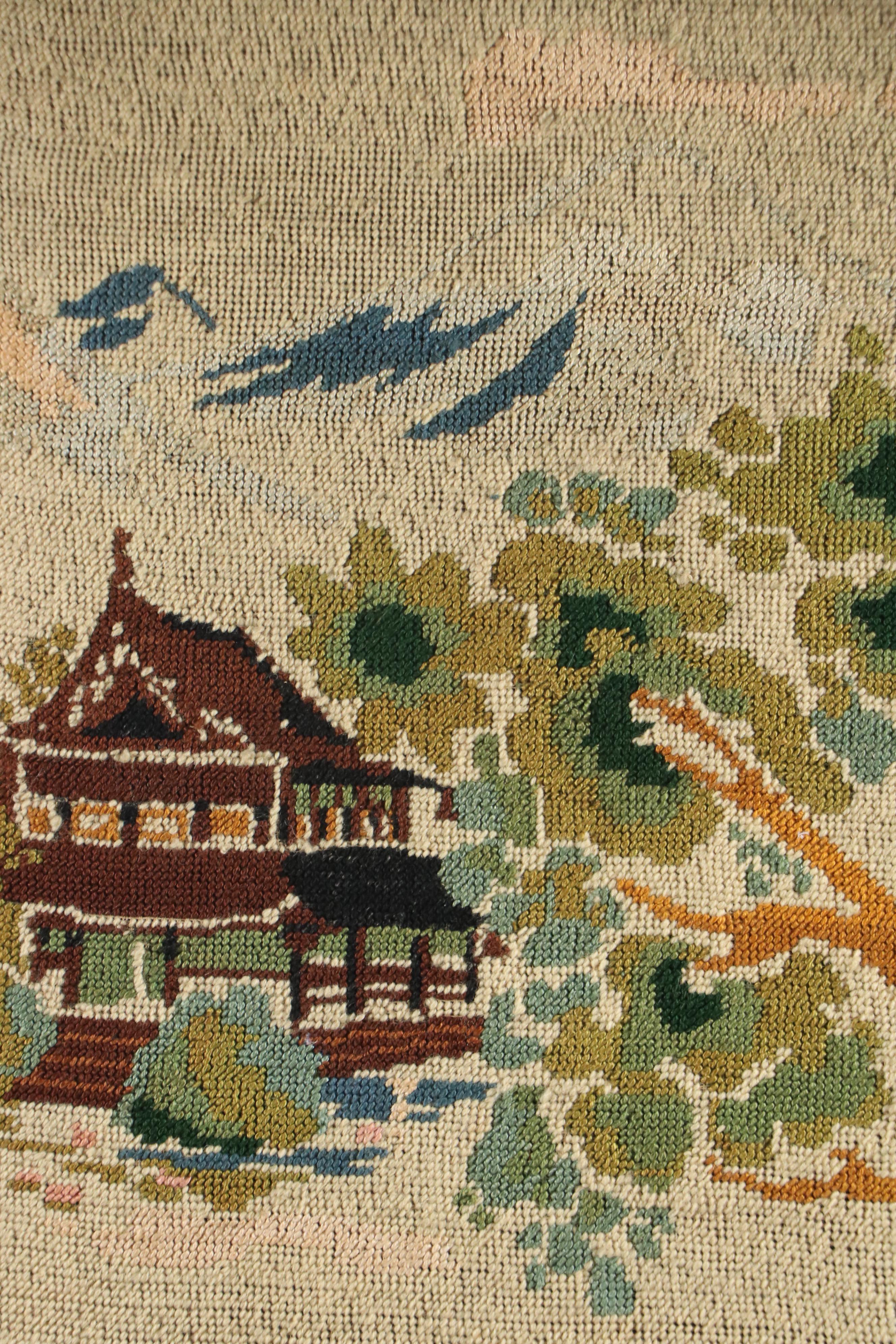 Handmade Needlepoint of Japanese Landscape and Woman with Parasol, 20th Century