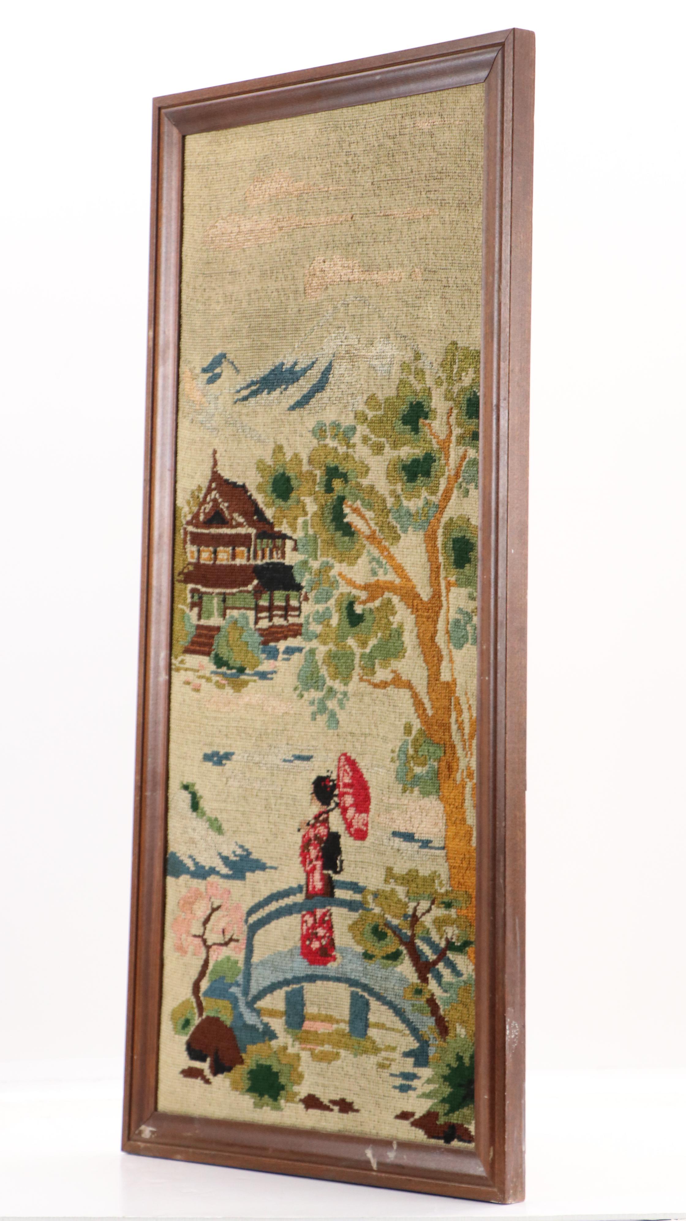 Handmade Needlepoint of Japanese Landscape and Woman with Parasol, 20th Century