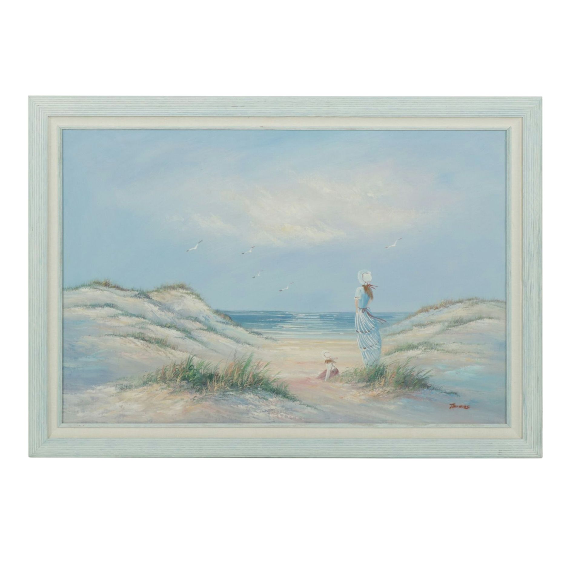 Thomas Patsel Colored Beach Scene of Women Peering Out to Open Seas