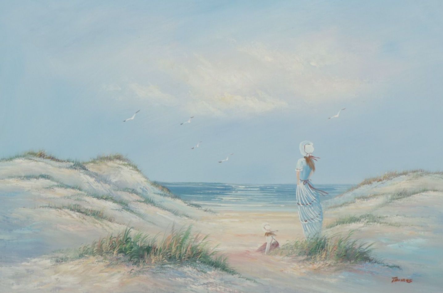 Thomas Patsel Colored Beach Scene of Women Peering Out to Open Seas