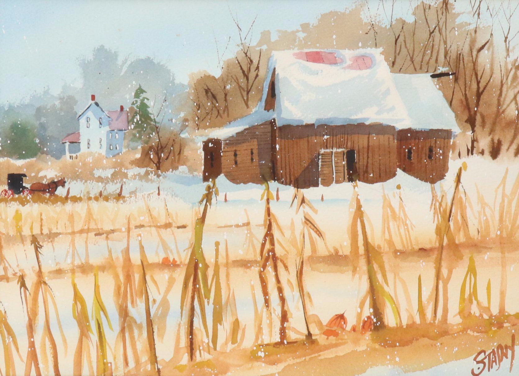 Joseph R. Stasny Watercolor Painting of Rural Landscape With Cabin