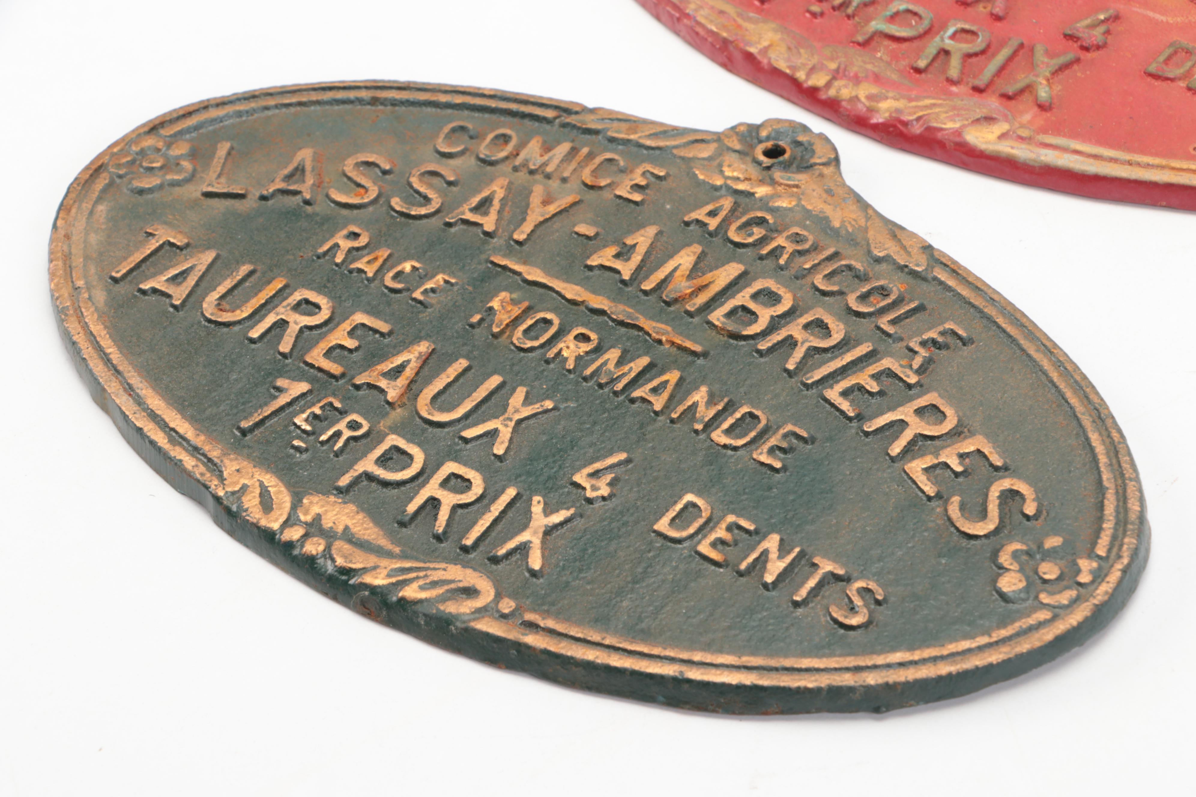 French Art Nouveau Style Painted Metal Agricultural Award Plaques