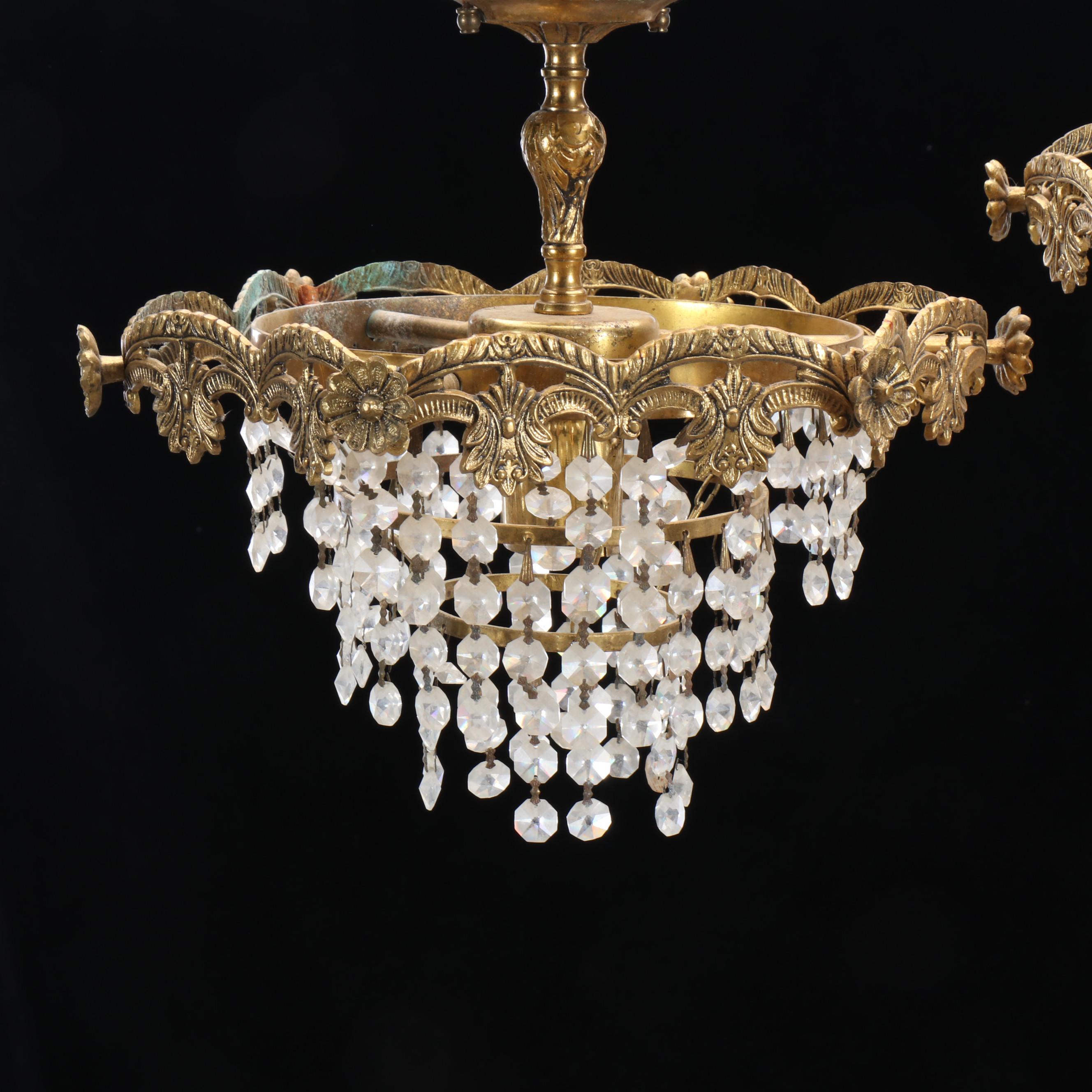Pair of Cast Brass and Crystal Bead Wedding Cake Pendant Lights