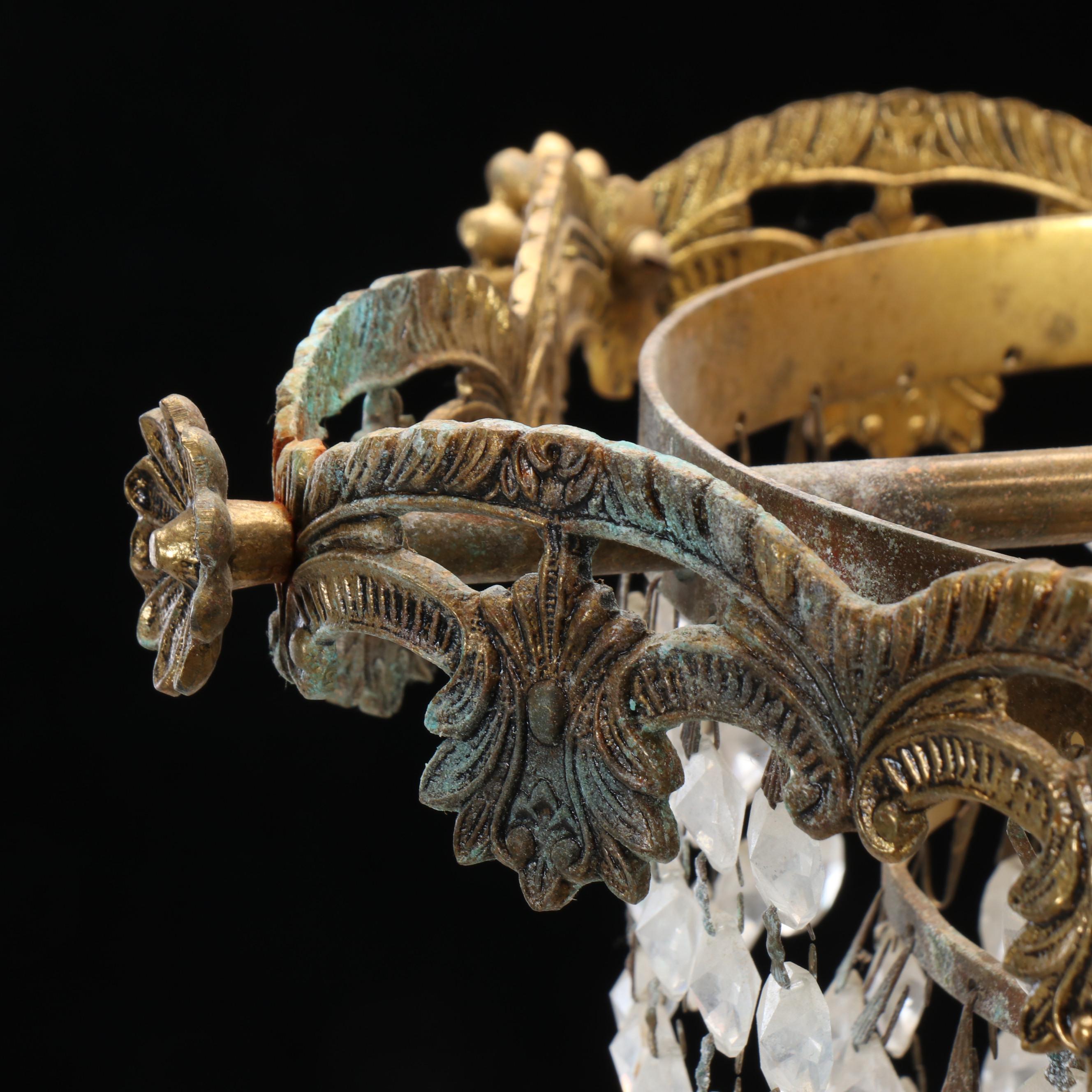 Pair of Cast Brass and Crystal Bead Wedding Cake Pendant Lights