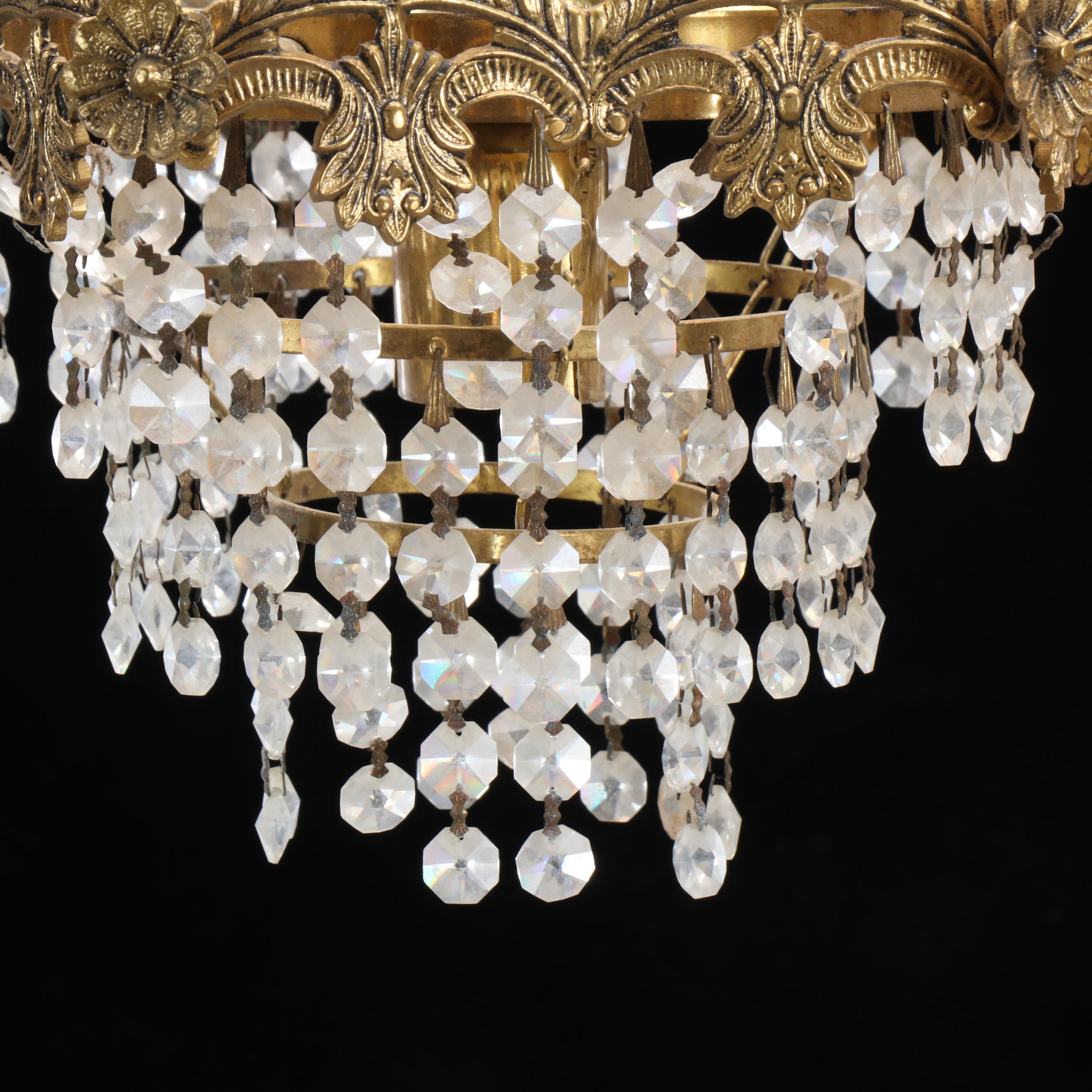 Pair of Cast Brass and Crystal Bead Wedding Cake Pendant Lights