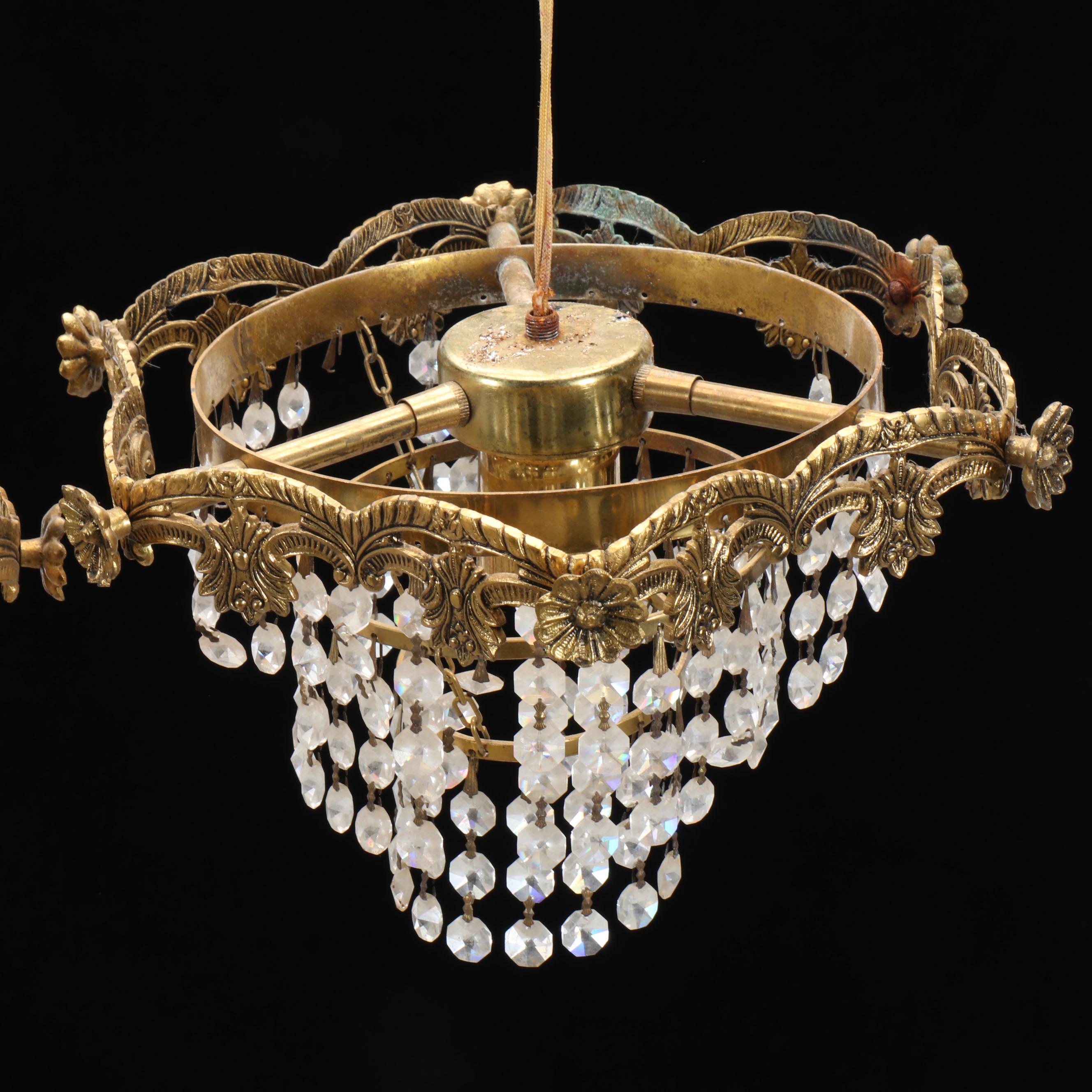 Pair of Cast Brass and Crystal Bead Wedding Cake Pendant Lights