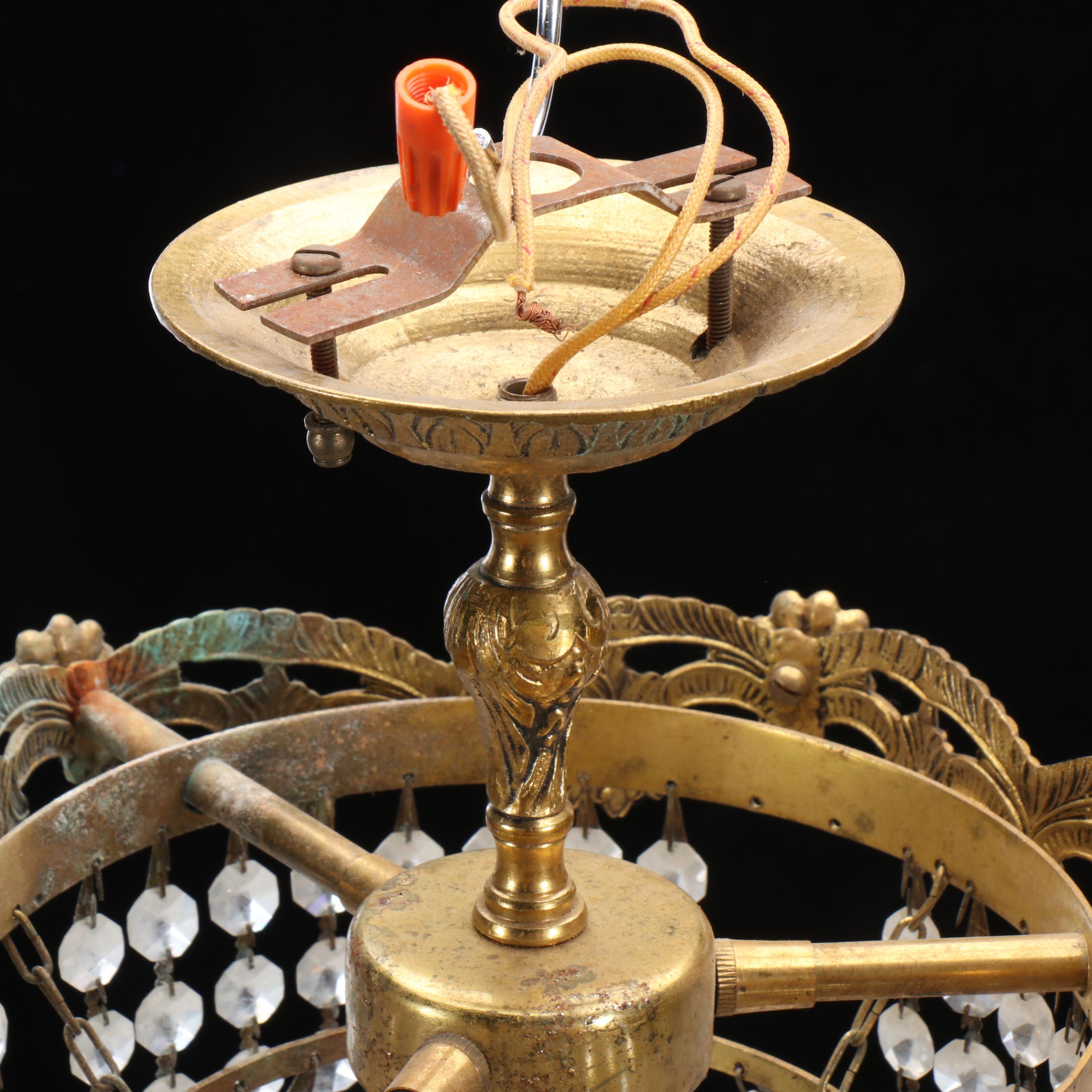 Pair of Cast Brass and Crystal Bead Wedding Cake Pendant Lights