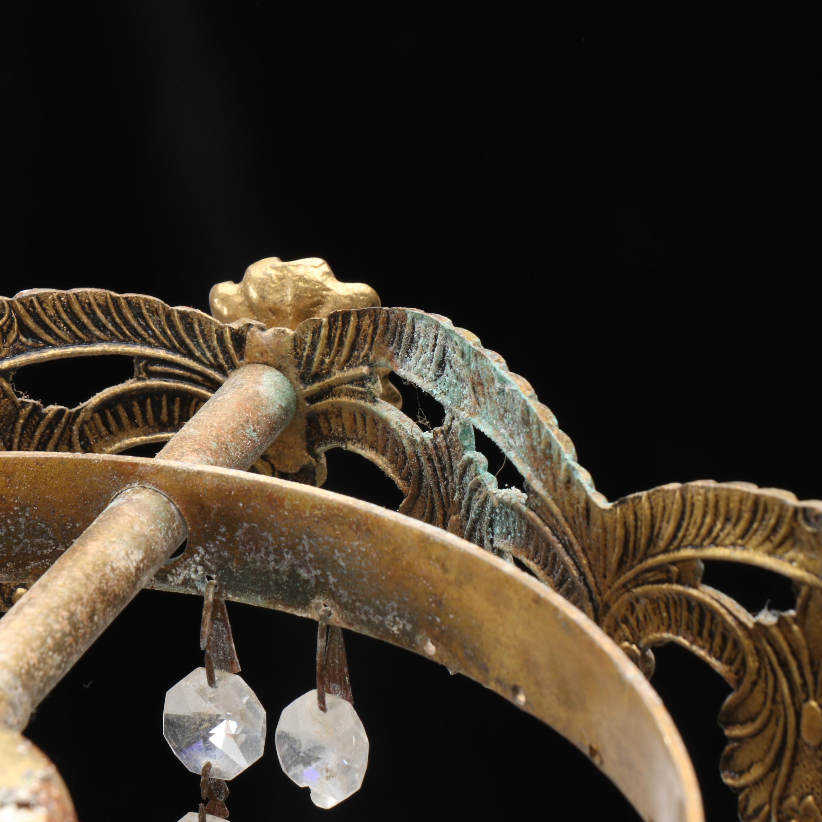 Pair of Cast Brass and Crystal Bead Wedding Cake Pendant Lights