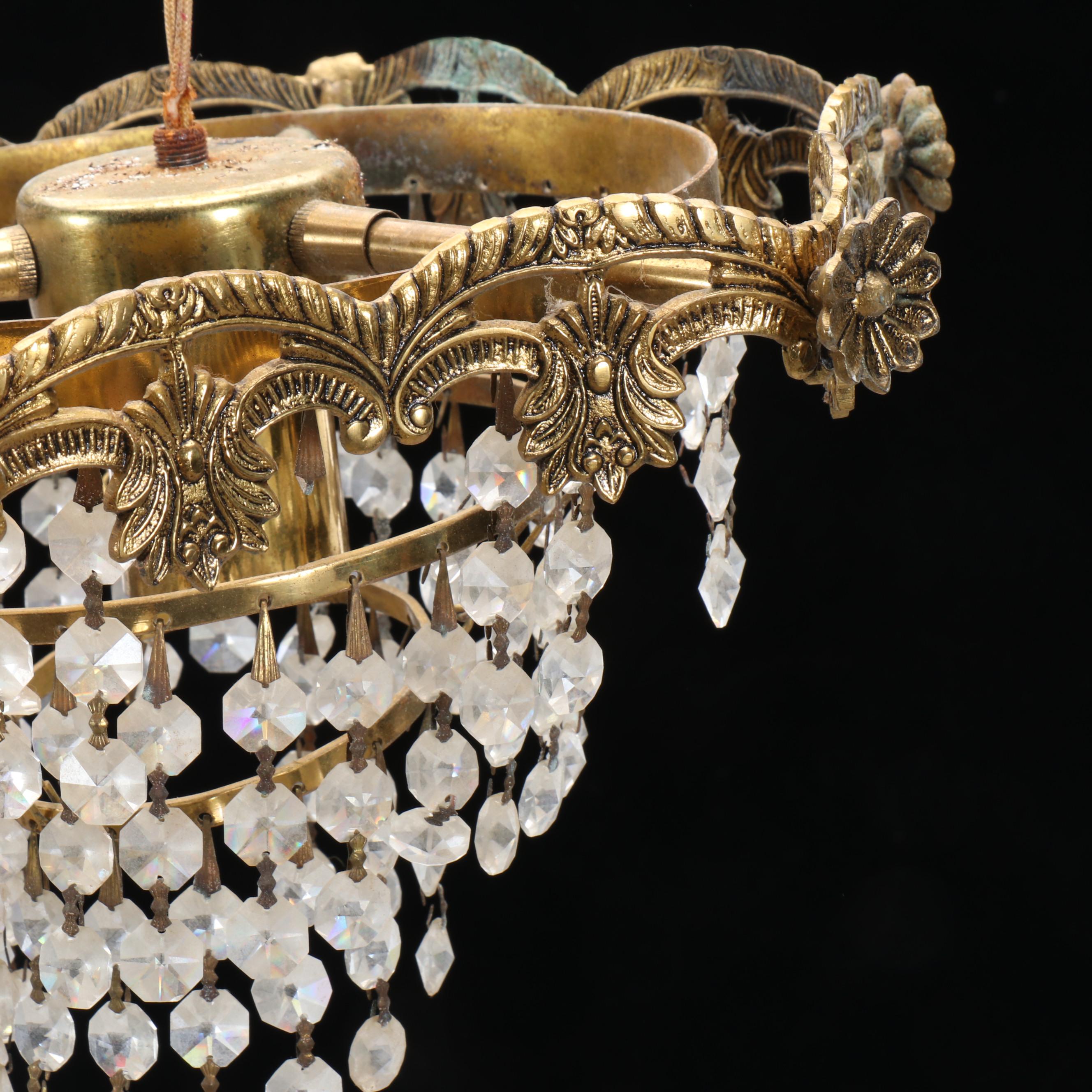 Pair of Cast Brass and Crystal Bead Wedding Cake Pendant Lights