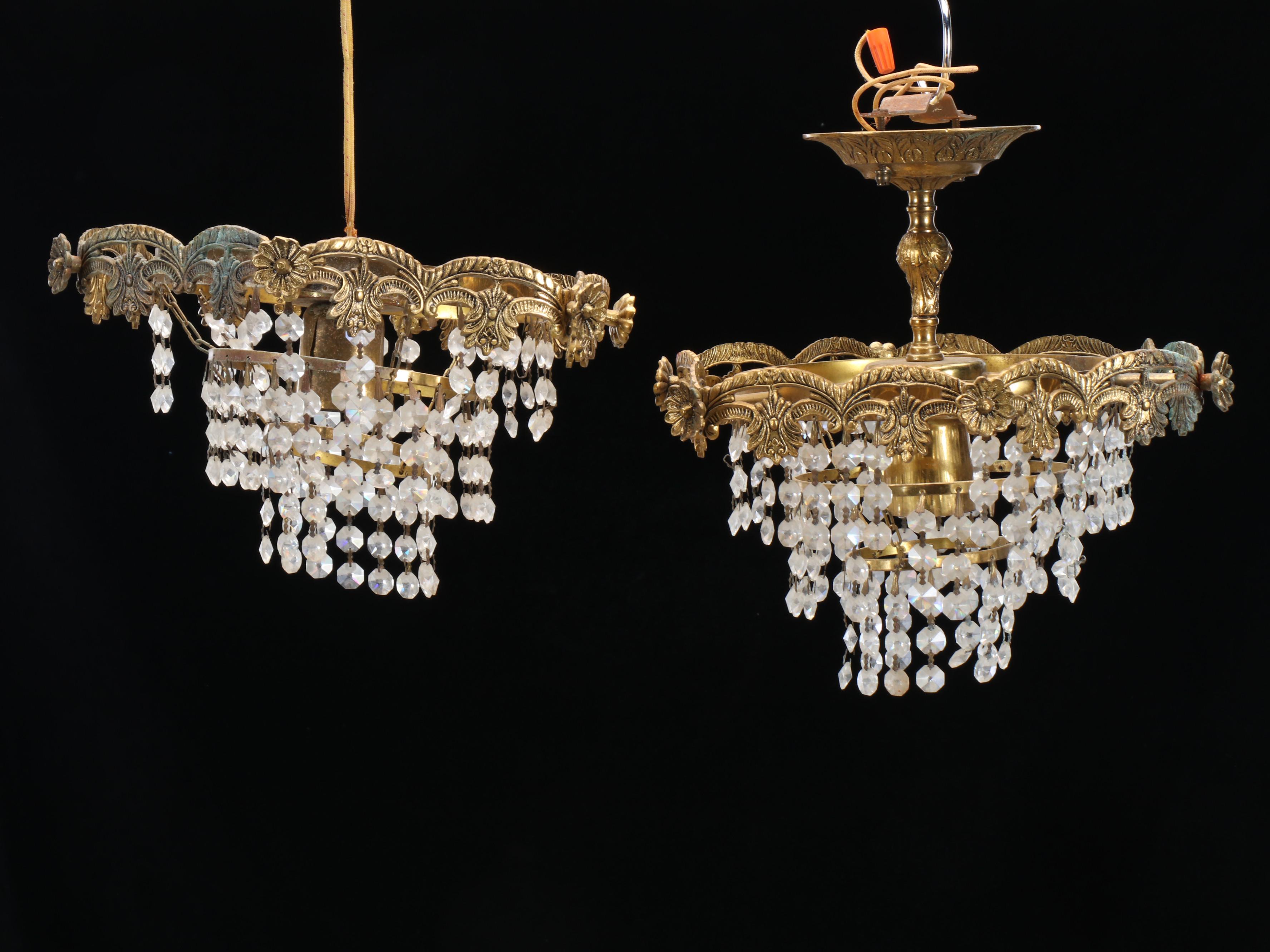 Pair of Cast Brass and Crystal Bead Wedding Cake Pendant Lights