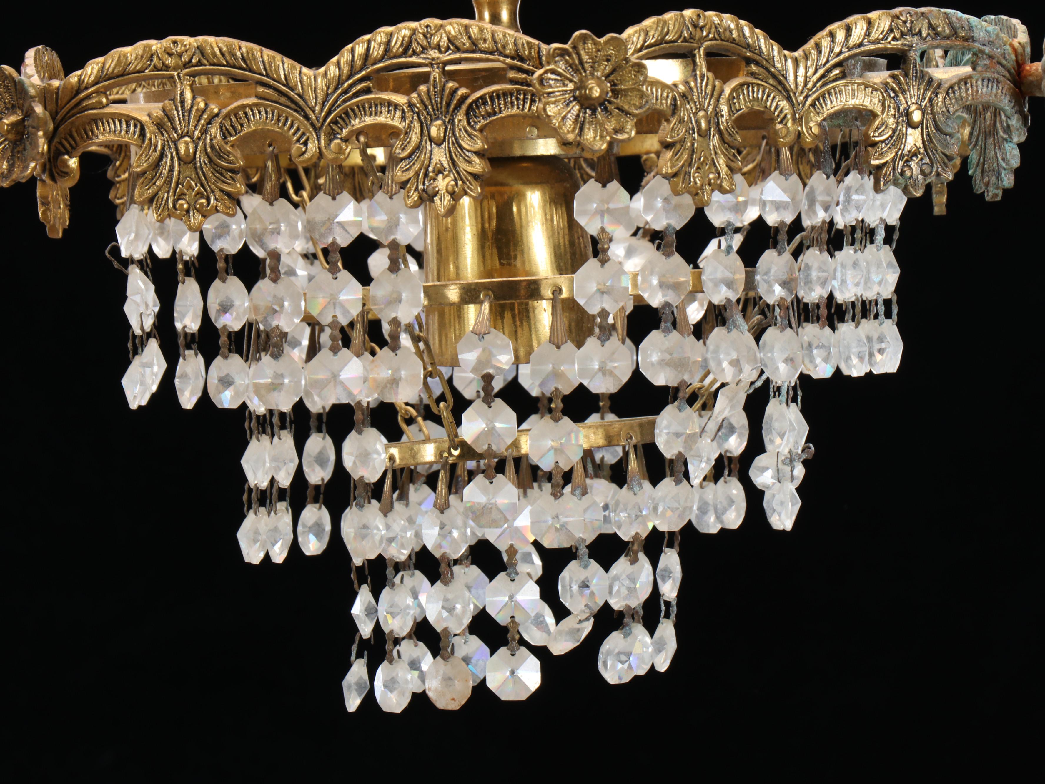 Pair of Cast Brass and Crystal Bead Wedding Cake Pendant Lights