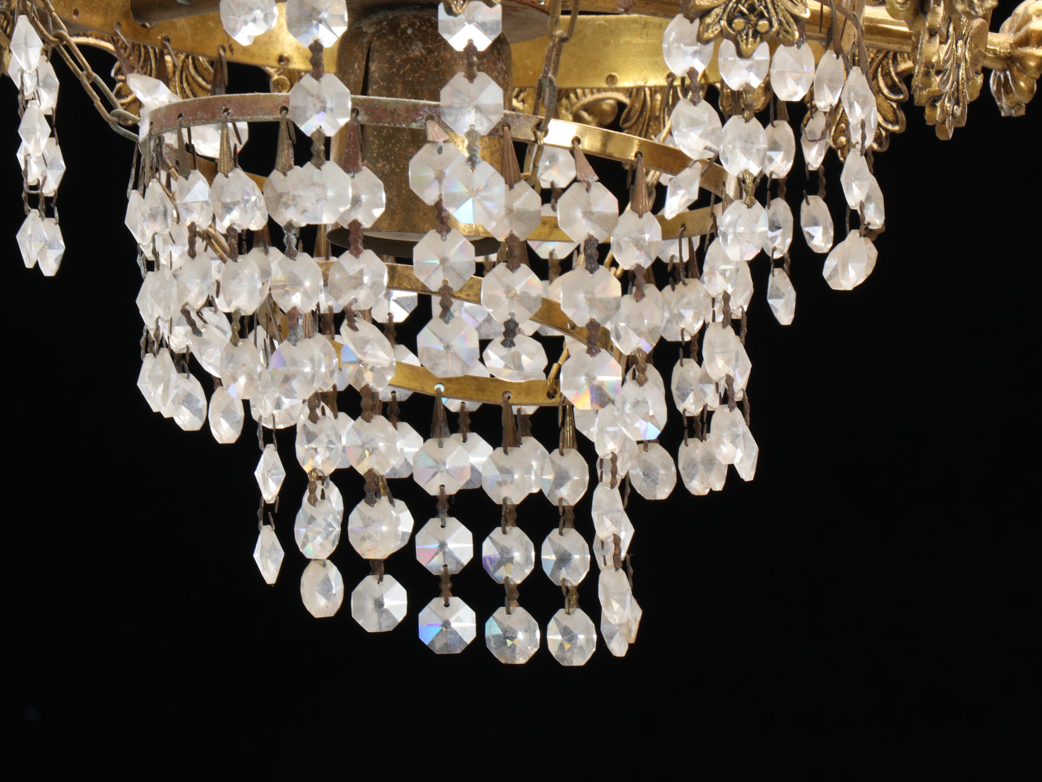 Pair of Cast Brass and Crystal Bead Wedding Cake Pendant Lights