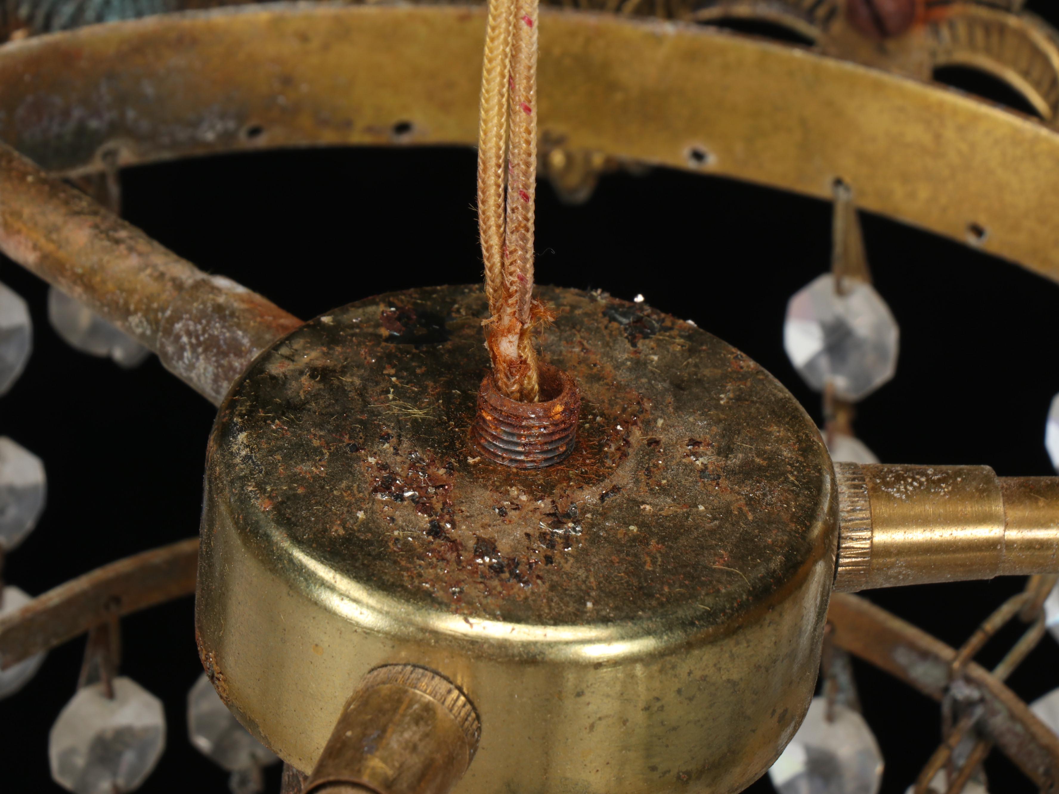 Pair of Cast Brass and Crystal Bead Wedding Cake Pendant Lights