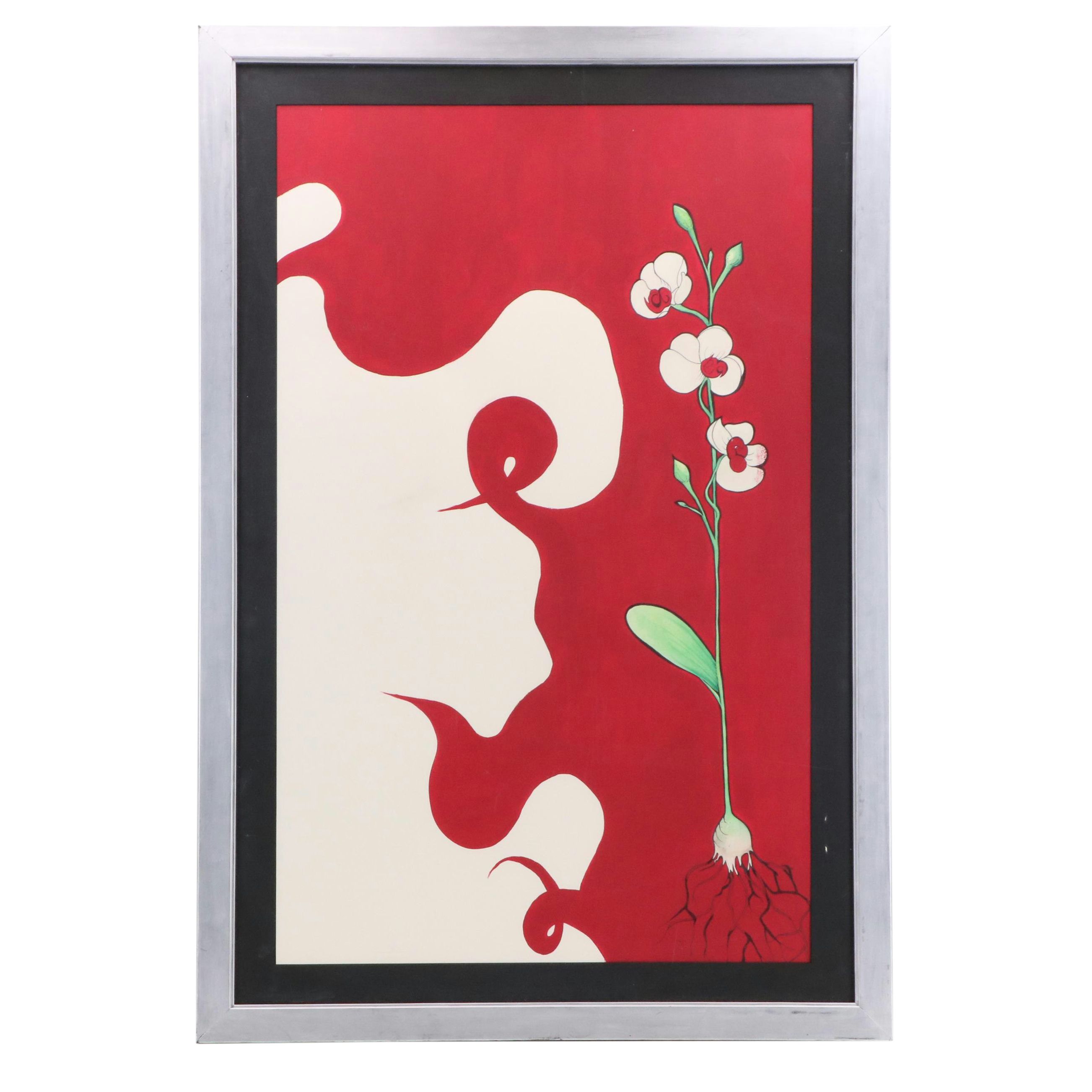 Stylized Mixed Media Painting of White Orchid, Late 20th/21st Century