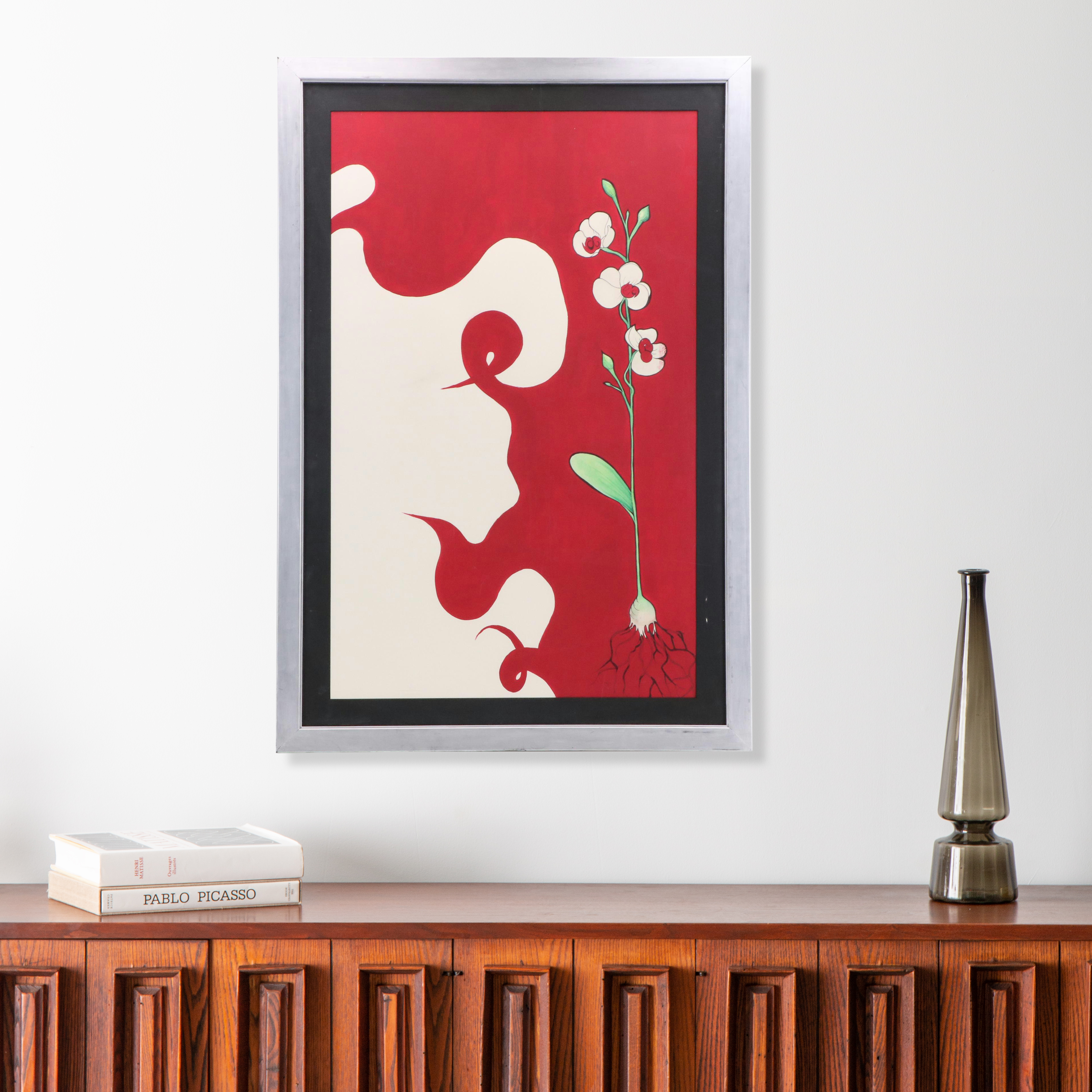 Stylized Mixed Media Painting of White Orchid, Late 20th/21st Century