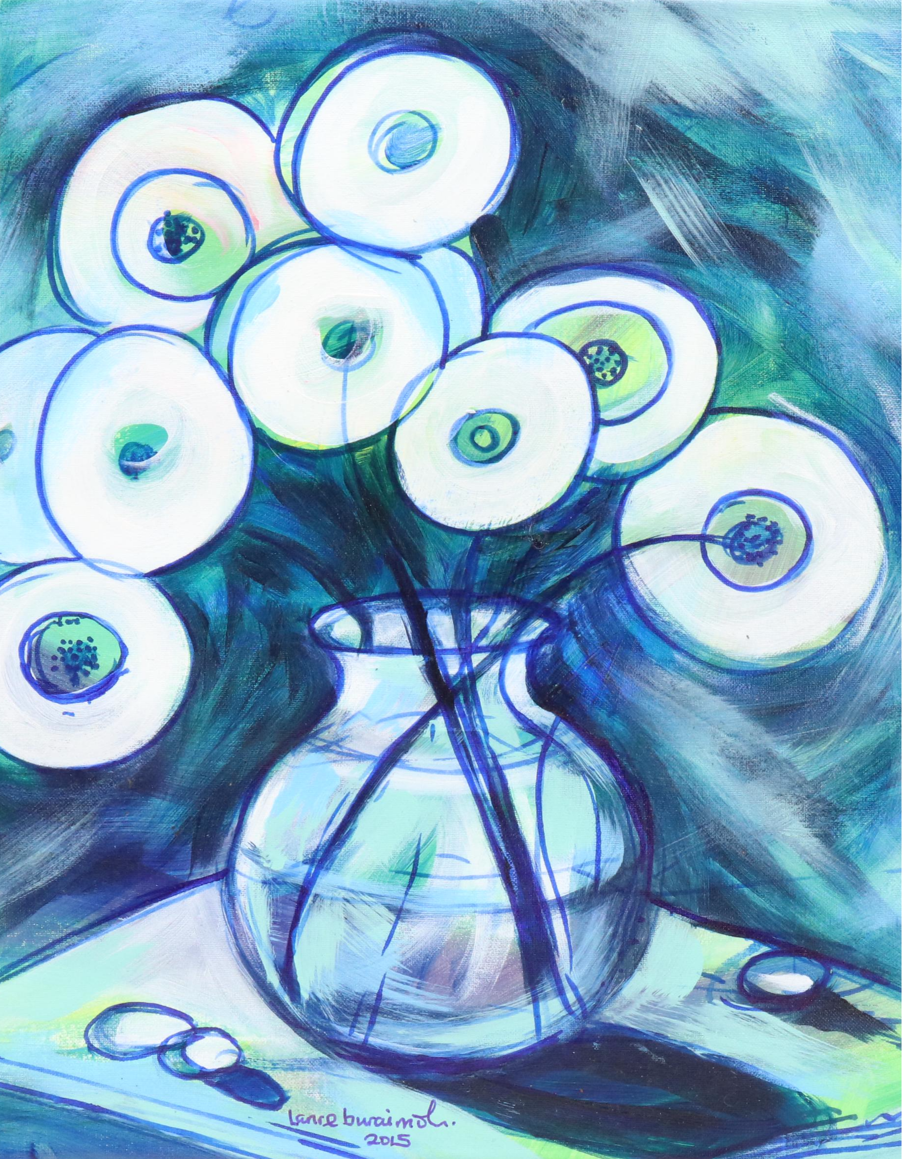 Lanre Buraimoh Stylized Floral Mixed Media Painting, 2015