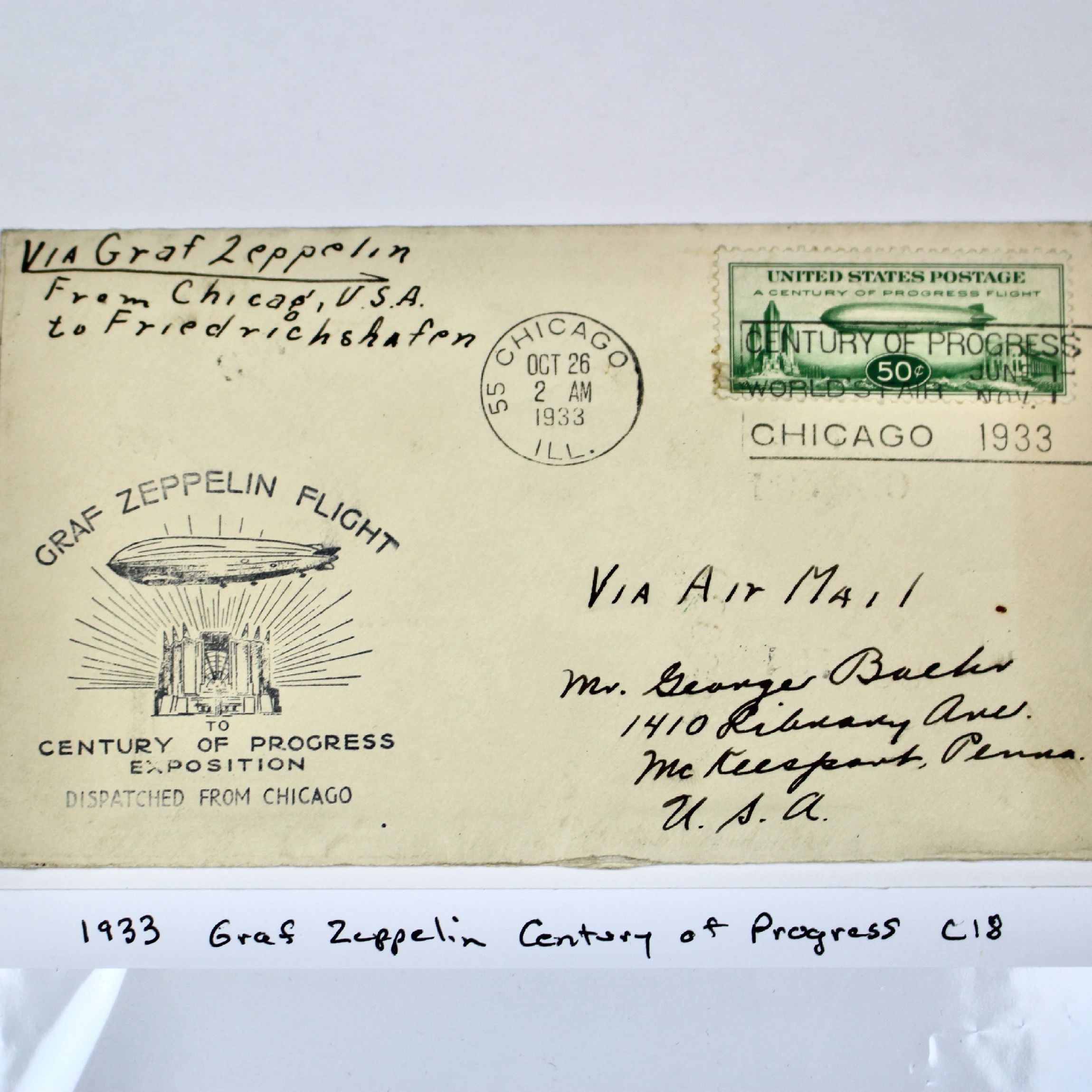 1933 Graf Zeppelin Century of Progress Commemorative Postal Cover