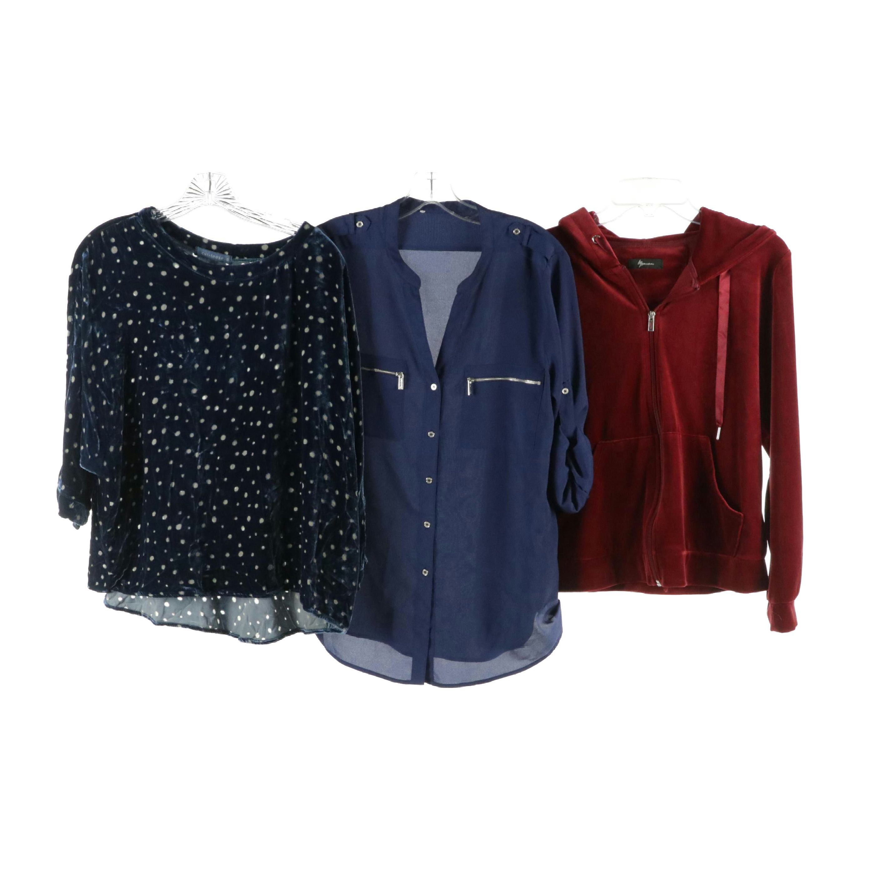 Mess Bebe Hoodie, Calvin Klein Button-Up Shirt, and Cut Loose Burnout Top