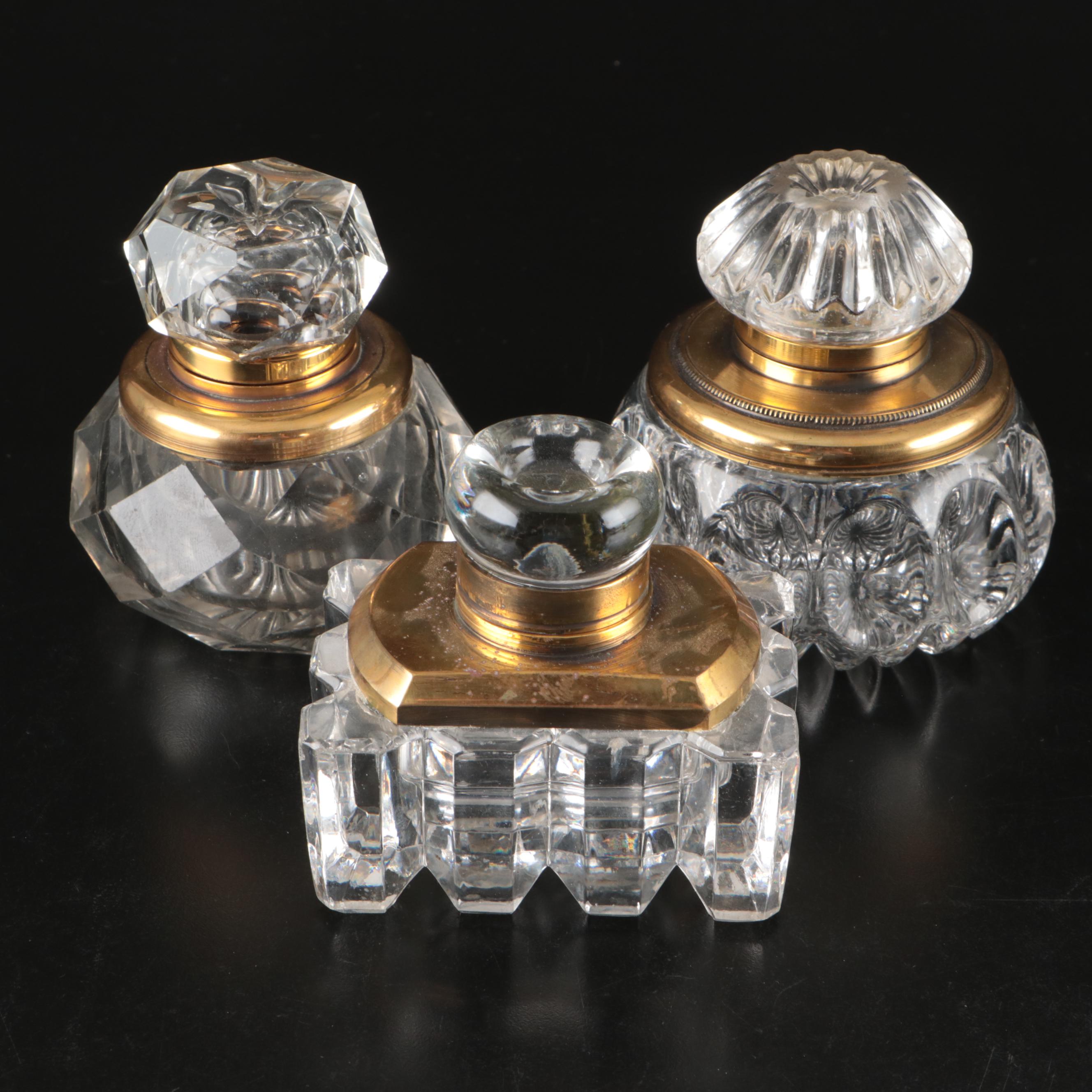 Crystal and Brass Inkwells